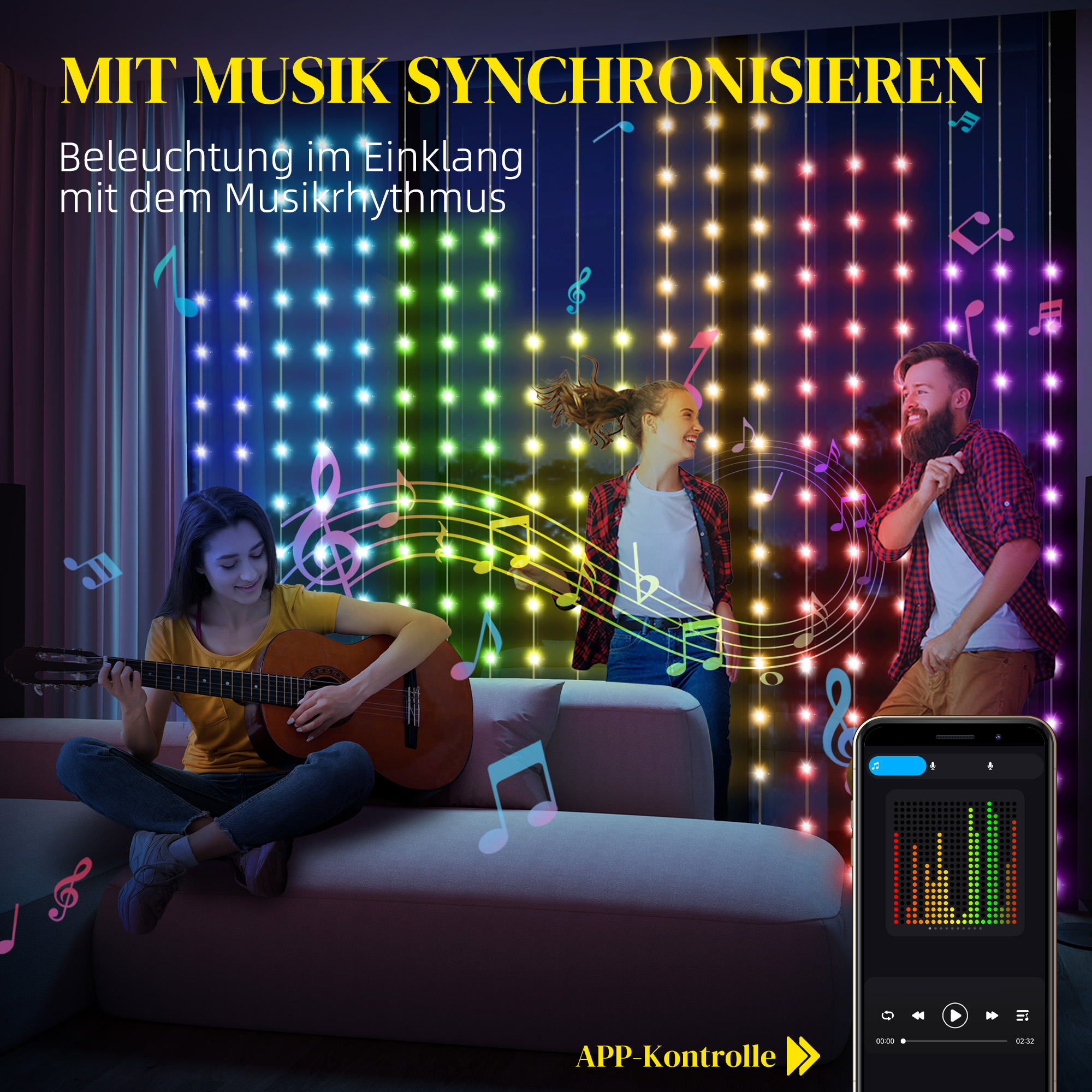 Vorhang mit 400 LED-Lichtern, Dynamische Lichterketten mit Musiksynchronisation für Schlafzimmer, Wohnzimmer, 3 x 3 m