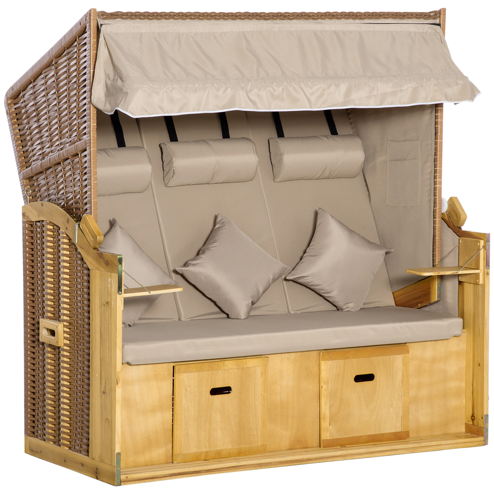 Strandkorb 3-Sitzer Sonnenliege mit Dach 2 Klapptischen Fußstütze Chaiselongue 5-stufige Rückenlehne XXL Polyrattan Natur 150 x 79 x 160 cm