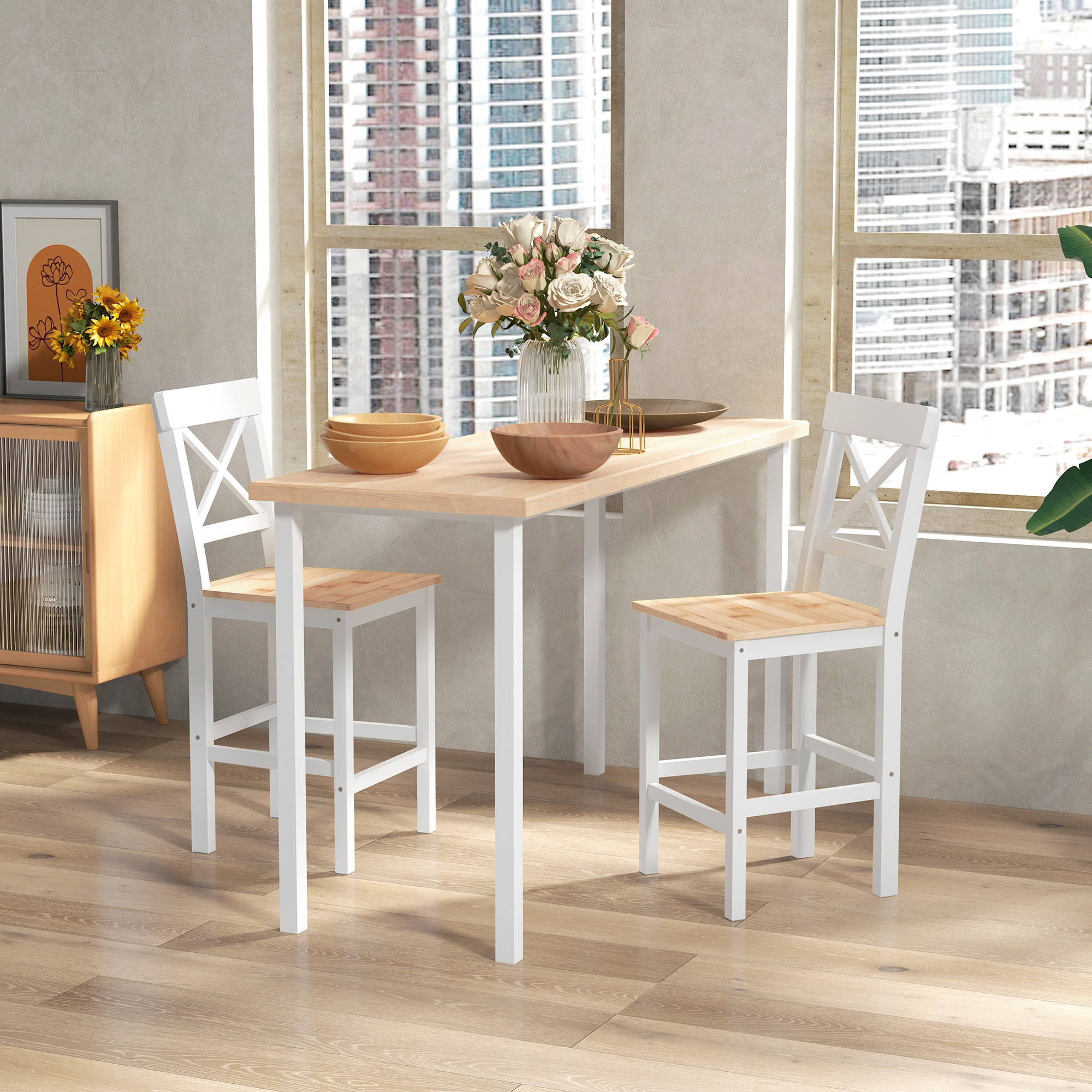 Barhocker 2er Set Barstuhl aus Kiefernholz mit Fußstütze, Lehne, Landhaus-Stil für Küche, Wohnzimmer, Natur