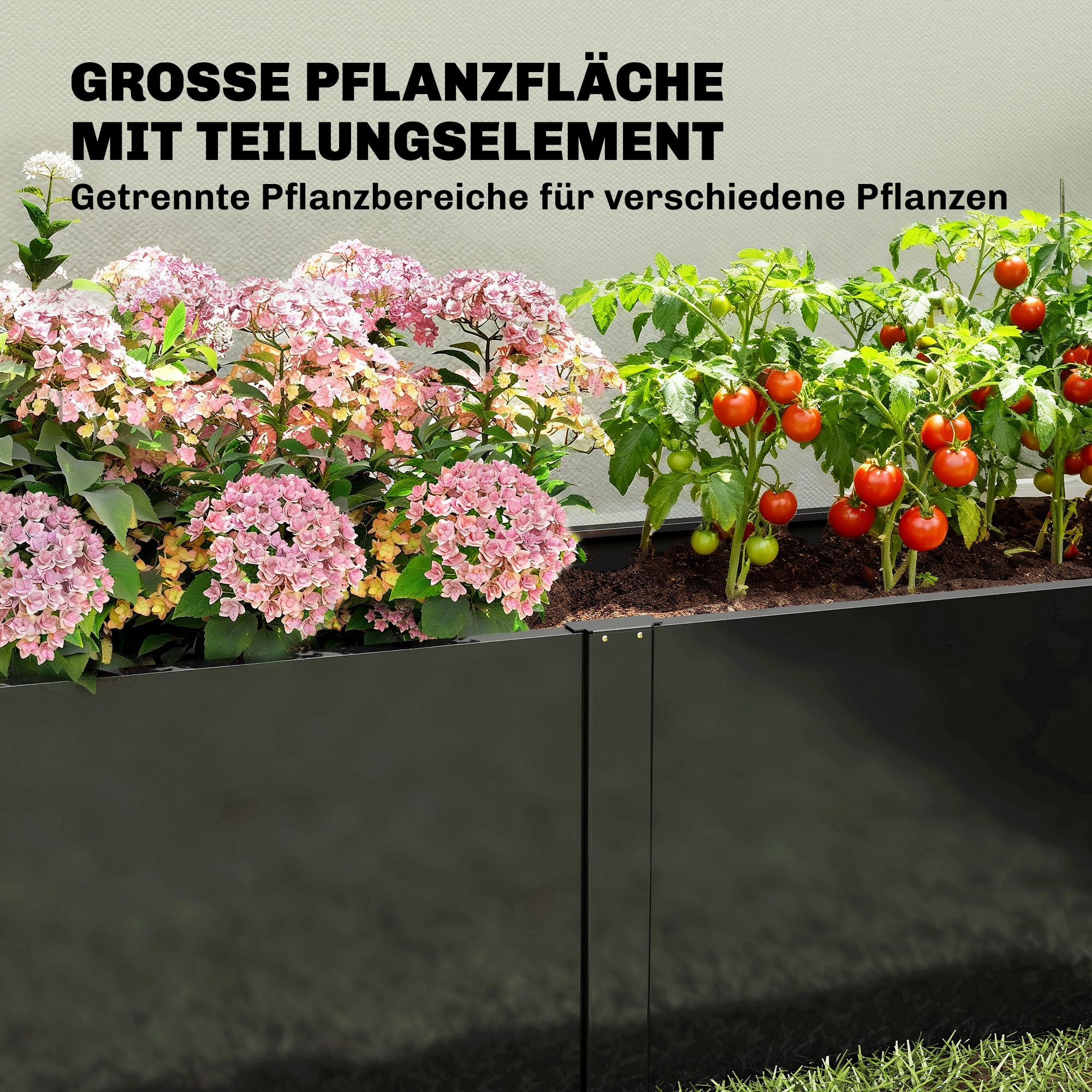 Hochbeet aus galvanisiertem Stahl, 150 x 53 x 55 cm, Outdoor-Pflanzkasten mit Trennwand, Schwarz