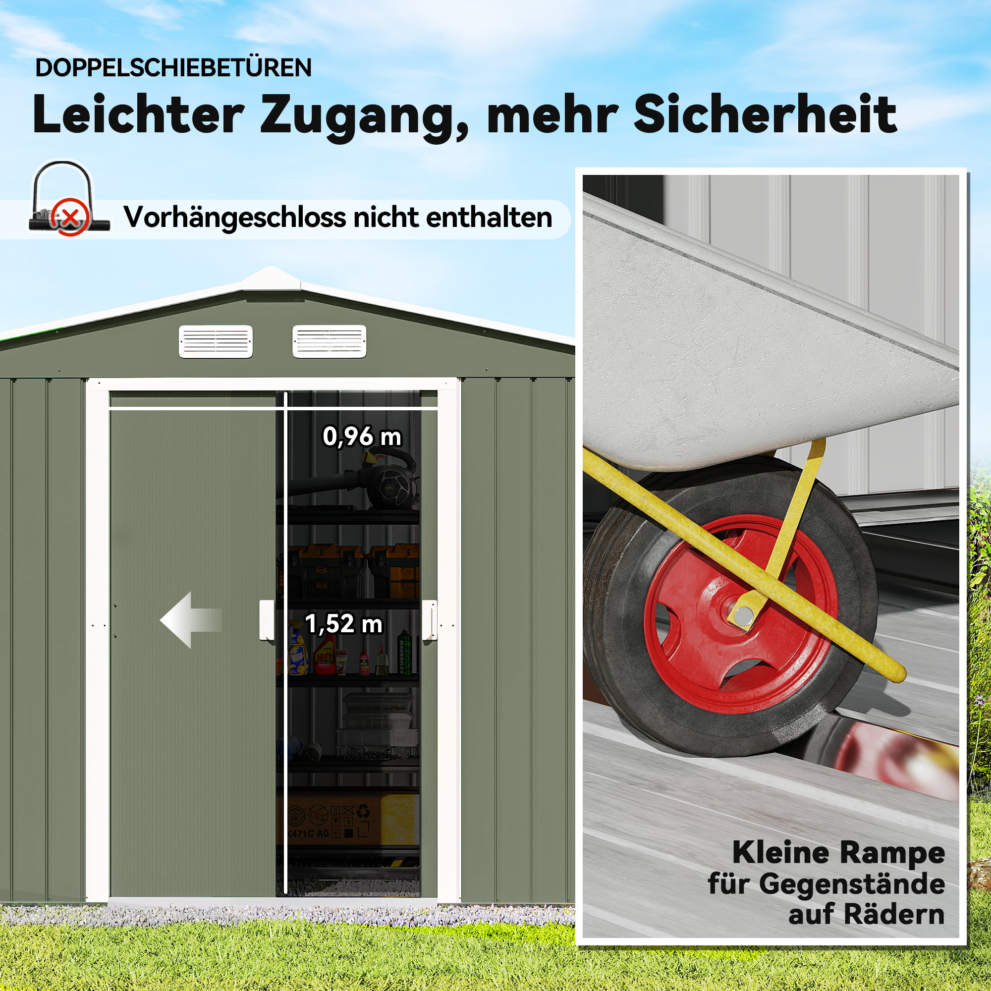 Geräteschuppen mit Schiebetüren 2,77 x 1,95 x 1,92cm Metall Hellgrün