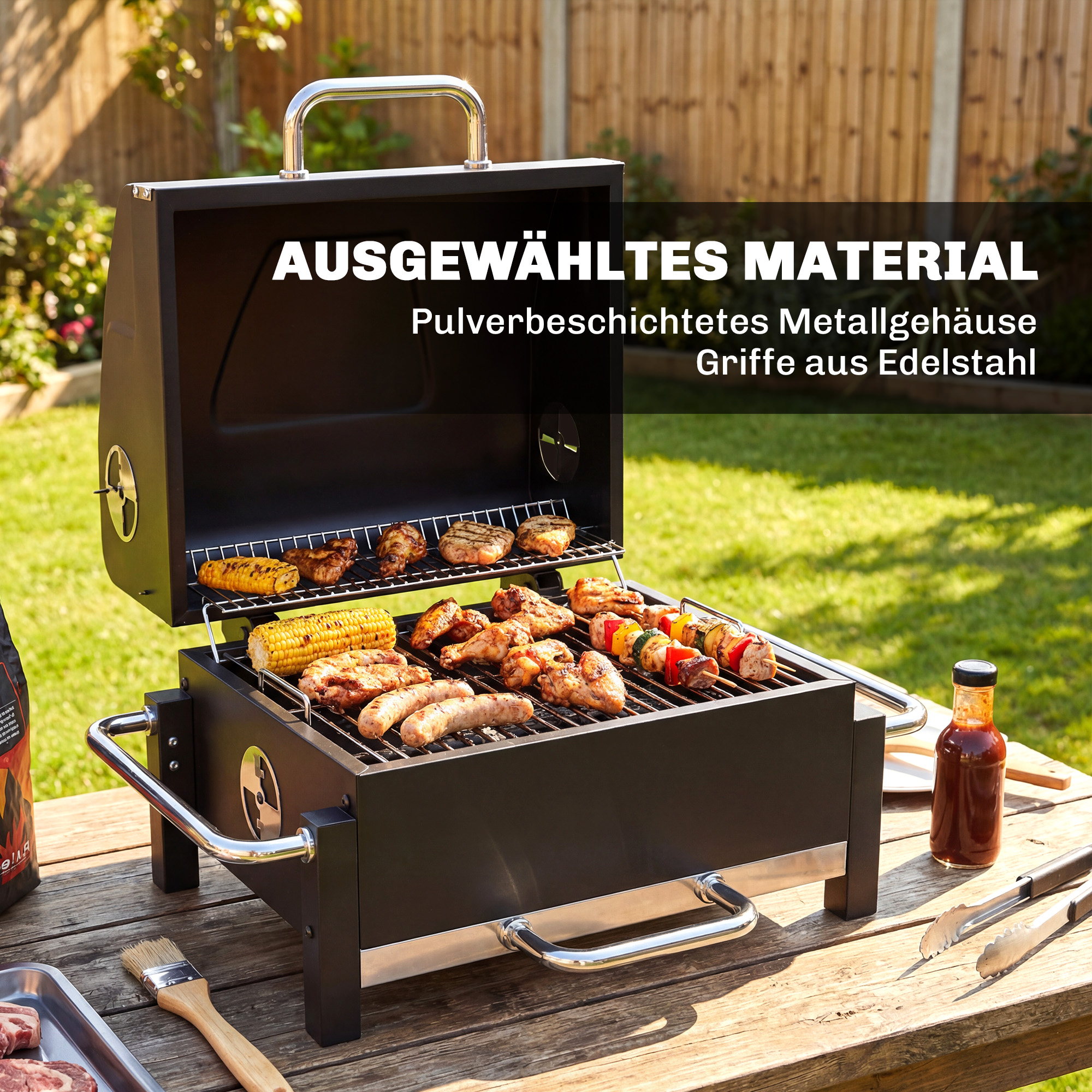 Holzkohlegrill aus Stahl tragbarer BBQ Smoker mit Deckel verstellbare Lüftung zweistufige Kohlepfanne Thermometer