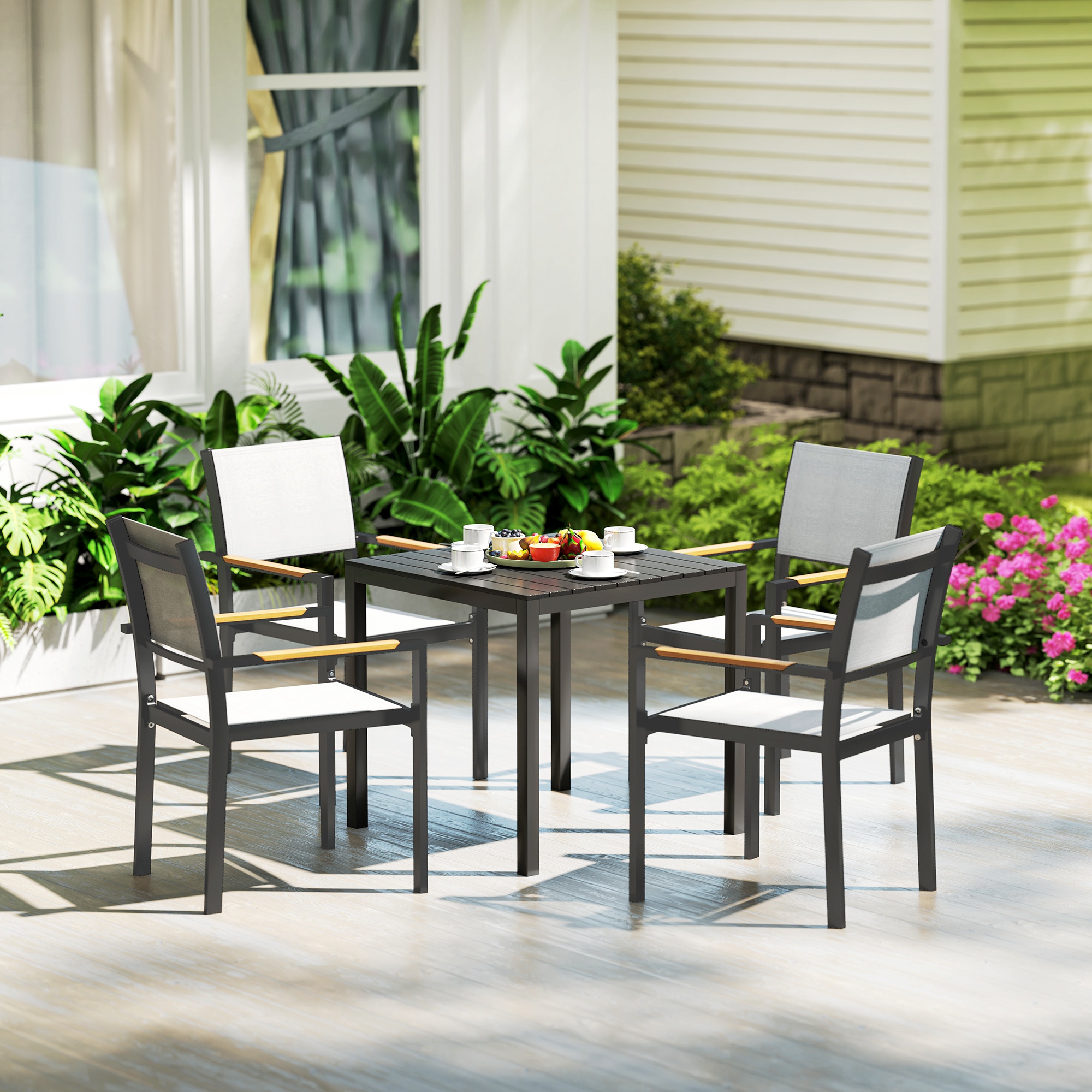 Gartentisch Aluminium 73x73 cm Wetterfest Buffettisch mit Holzoptik, Campingtisch für 4 Personen Schwarz