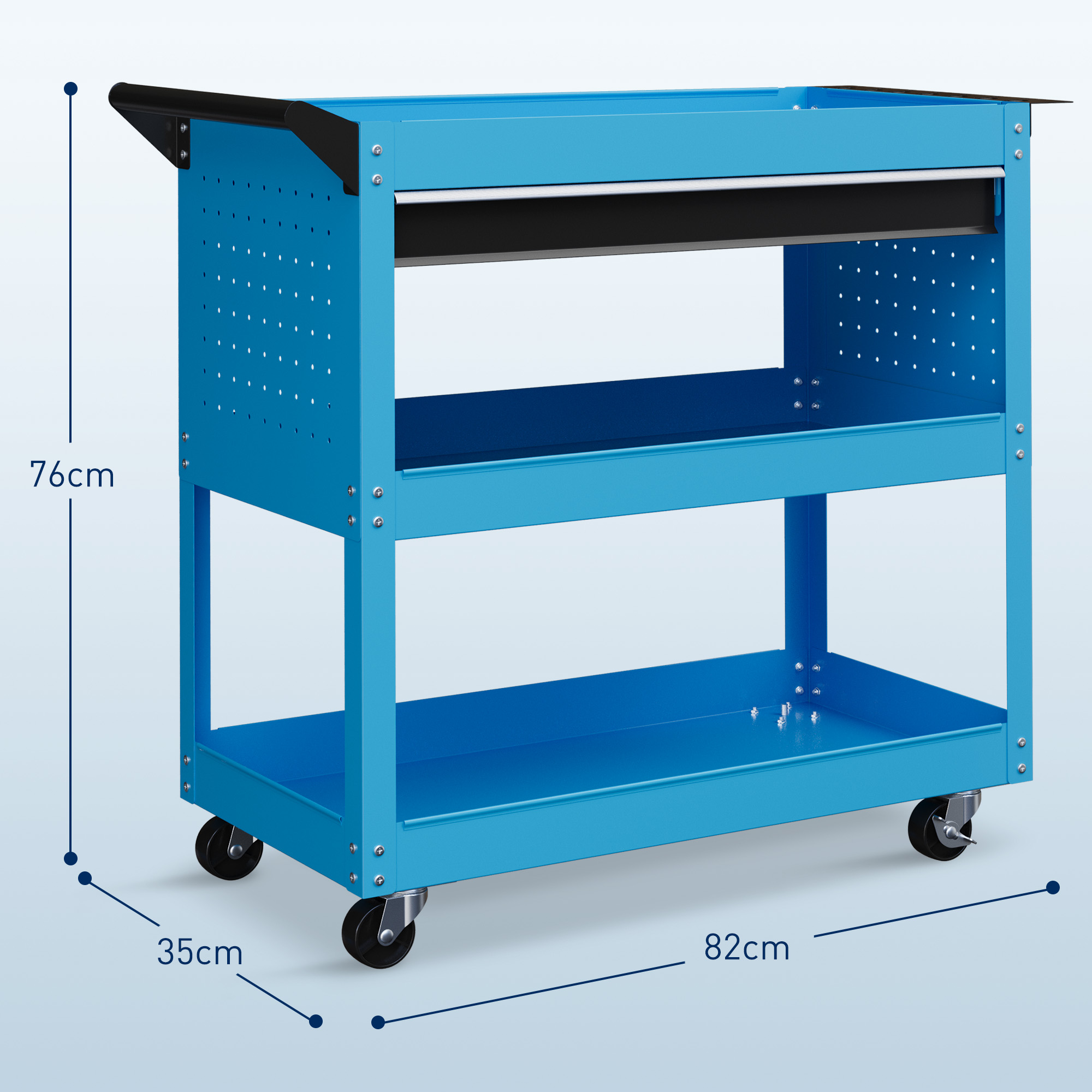 Werkzeugkoffer Werkzeugtrolley Werkzeugbox, 3 Ebenen, 4 Rollen, 82 cm x 35 cm x 76 cm, Blau