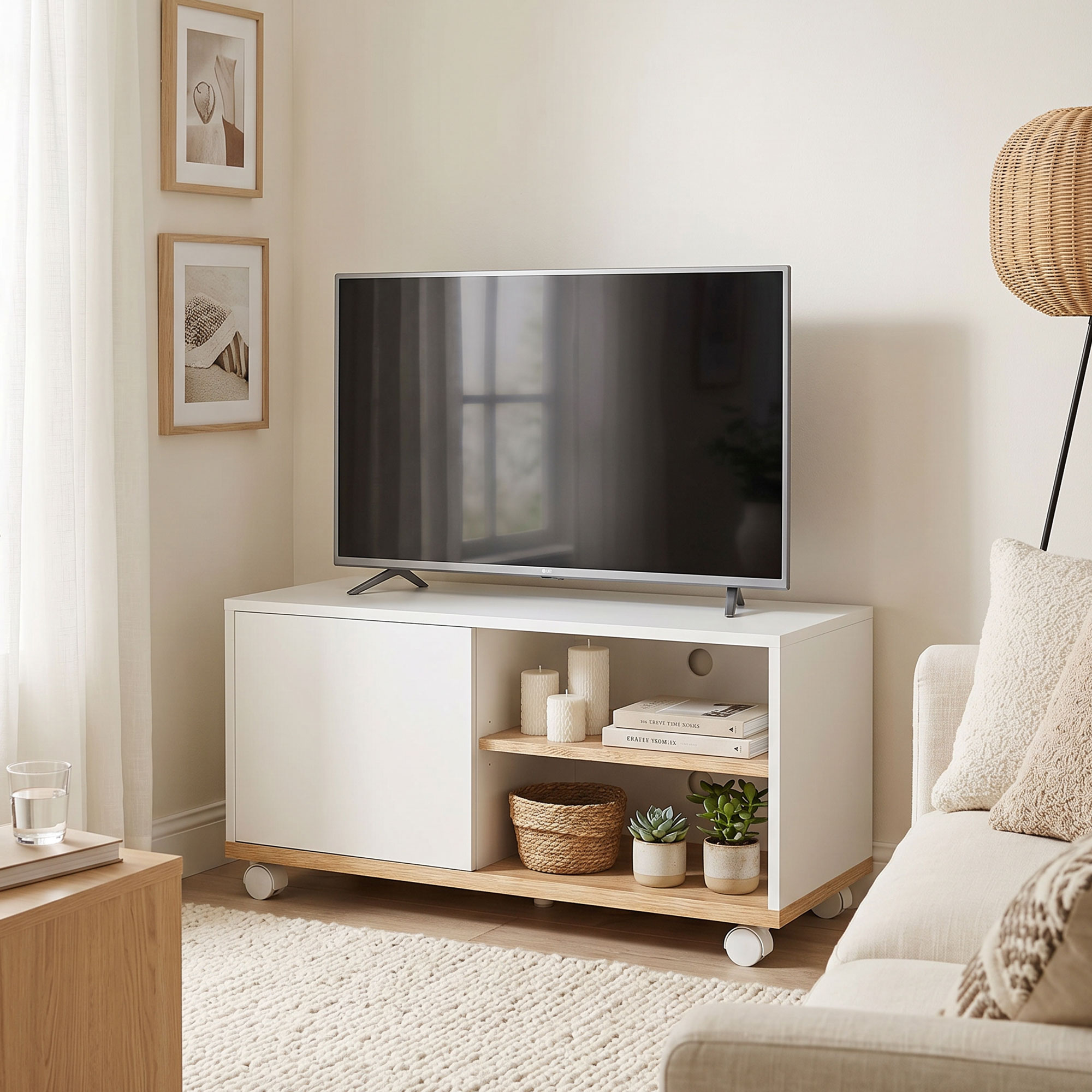 TV-Board auf Rollen mit Bremsen, TV-Möbel mit Schrank und verstellbarer Ablage, Weiß und Eiche