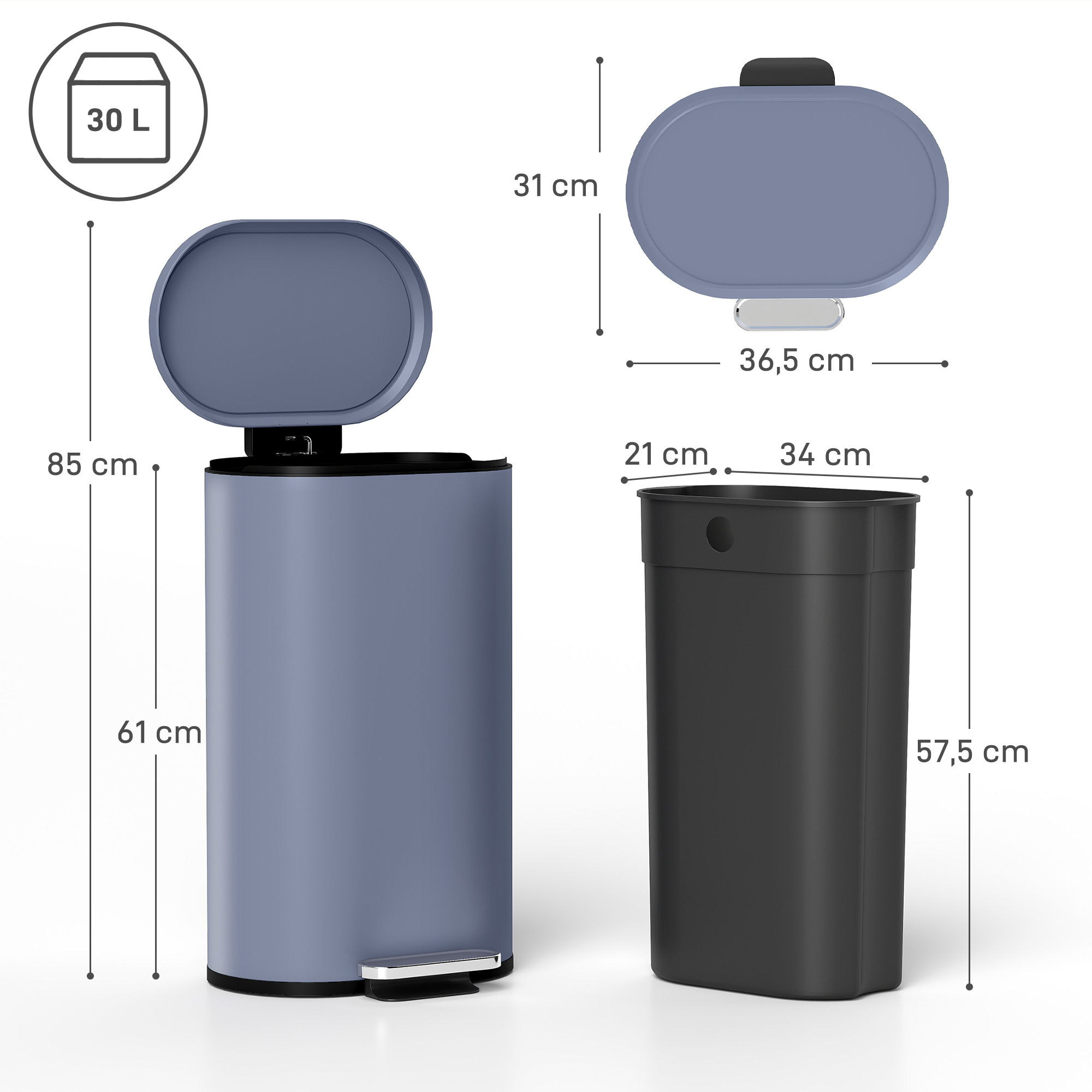 Mülleimer Küche 30 Liter Treteimer mit Soft-Close-Deckel, Pedal aus Metall, Grau, 36,5 X 31 x 61 cm