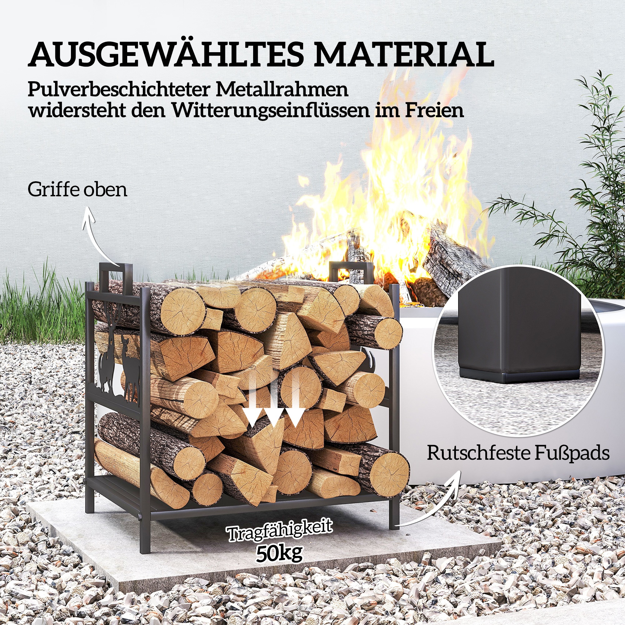 Kaminholzregal für innen 42,5 x 33,5 x 43 cm Brennholzregal für Kamin Ofen aus Metall Schwarz