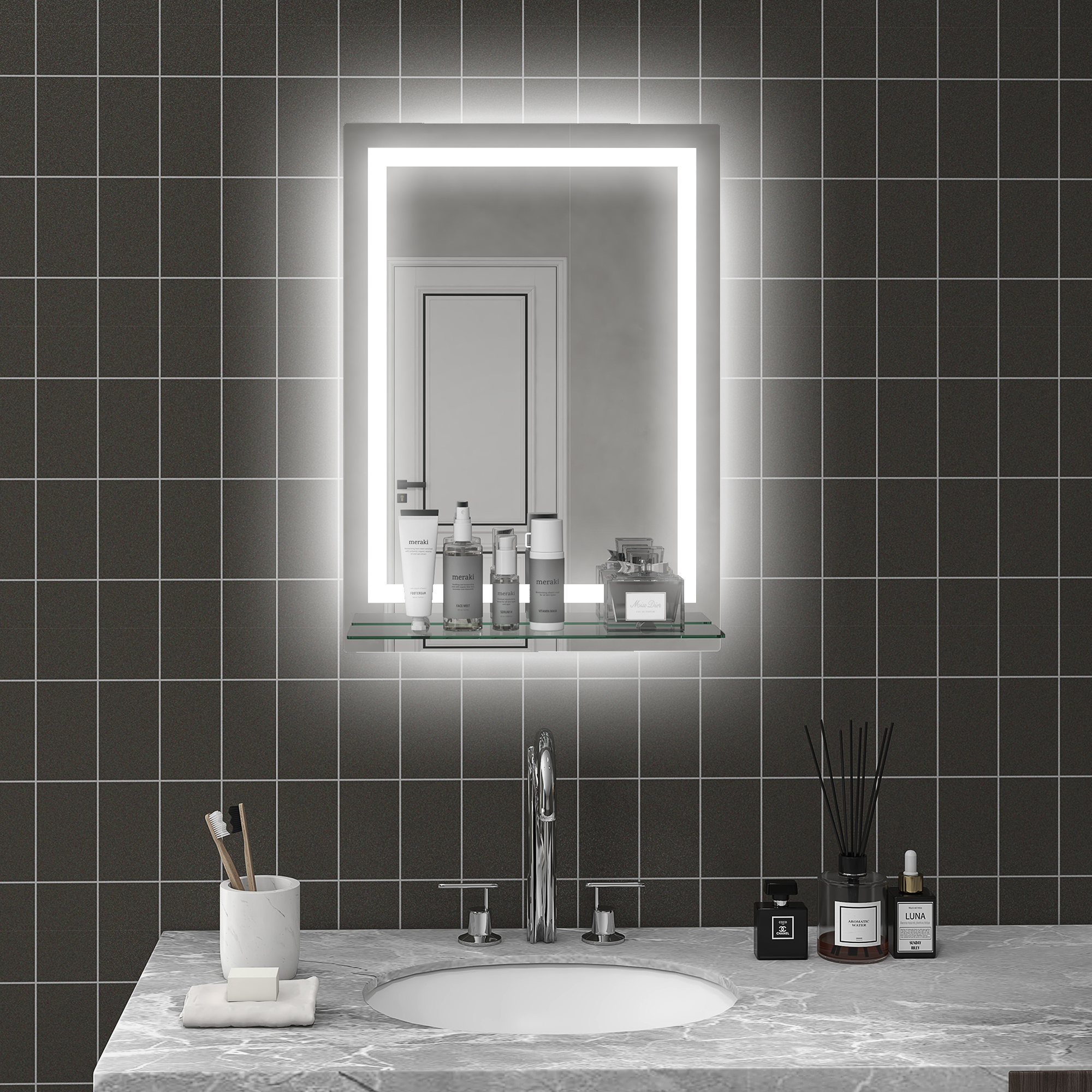 LED-Badspiegel, dimmbar, Anti-Beschlag, Touch-Schalter, Ablage, 50 x 70 cm, Silber