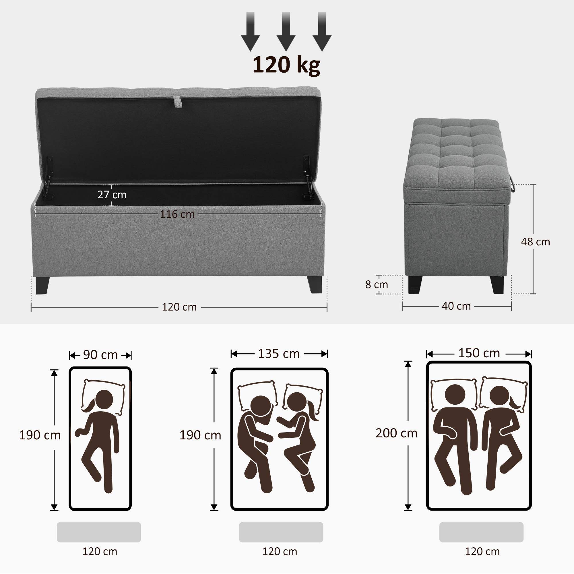 Sitzbank mit Stauraum, Polsterbank 120x40x48 cm mit Sicherheits-Scharniern, Leinenoptik, Dunkelgrau