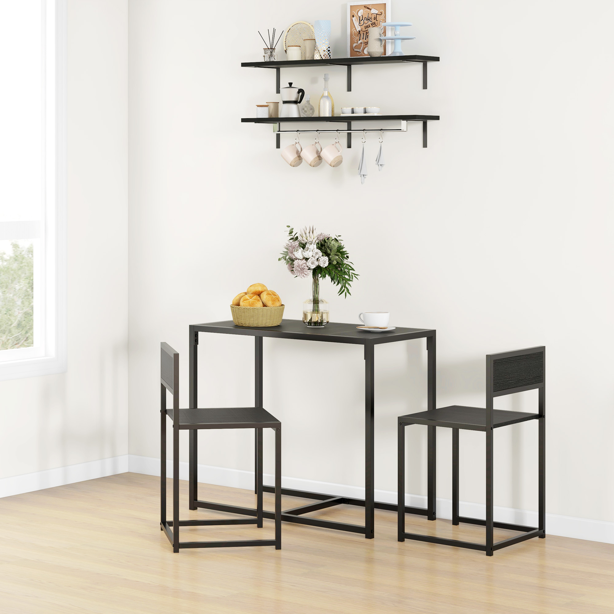 3-teiliges Bartisch-Set Hochtisch-Set 3-teilig, 2 Stühle, 1 Tisch, 90 cm x 47 cm x 76  cm, Schwarz