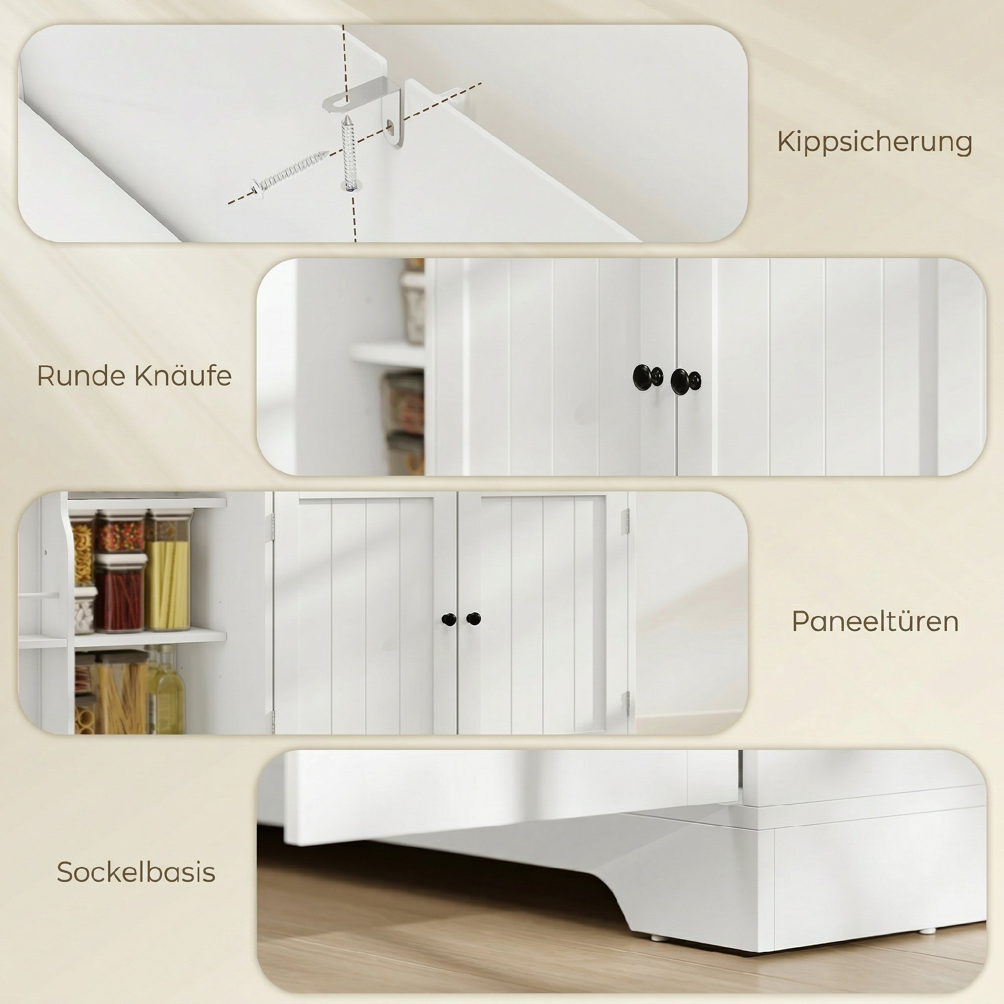 modernes Küchen-Sideboard mit Schublade, verstellbaren Regalen, kleine Küchen-Vorratskammer mit Türfächern, Weiß