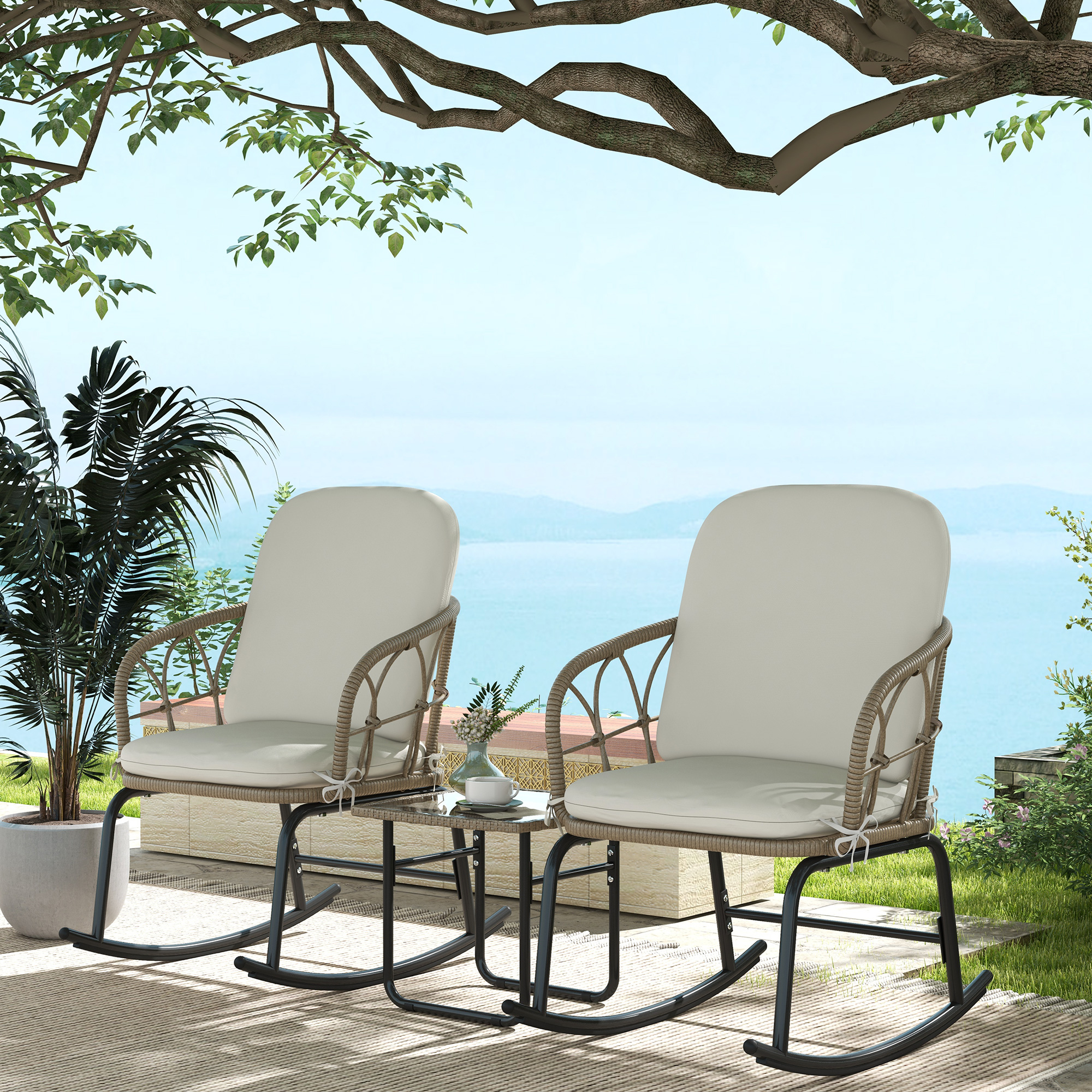 Schaukelstuhlset Schaukelstühle Bistro-Set, Bohostil, PE-Rattan, wetterbeständig, Creme