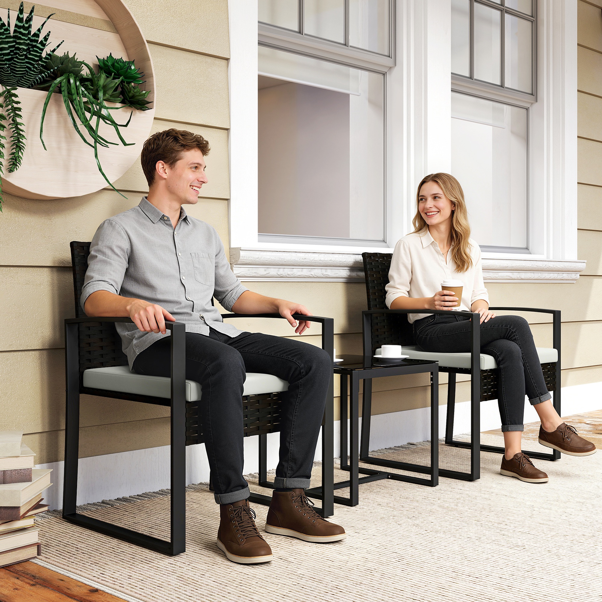 Rattan Bistroset, 3 teiliges Gartenmöbel-Set mit 2 Gartenstühlen, Couchtisch, abnehmbar Kissen Cremeweiß