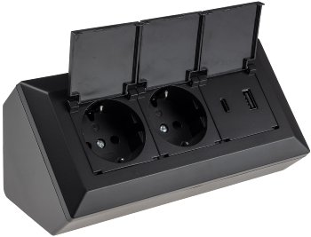 2-fach Steckdosenblock, USB-A+C, schwarz / 250V~/ 16A, USB 3,1A, PD, mit Klappen