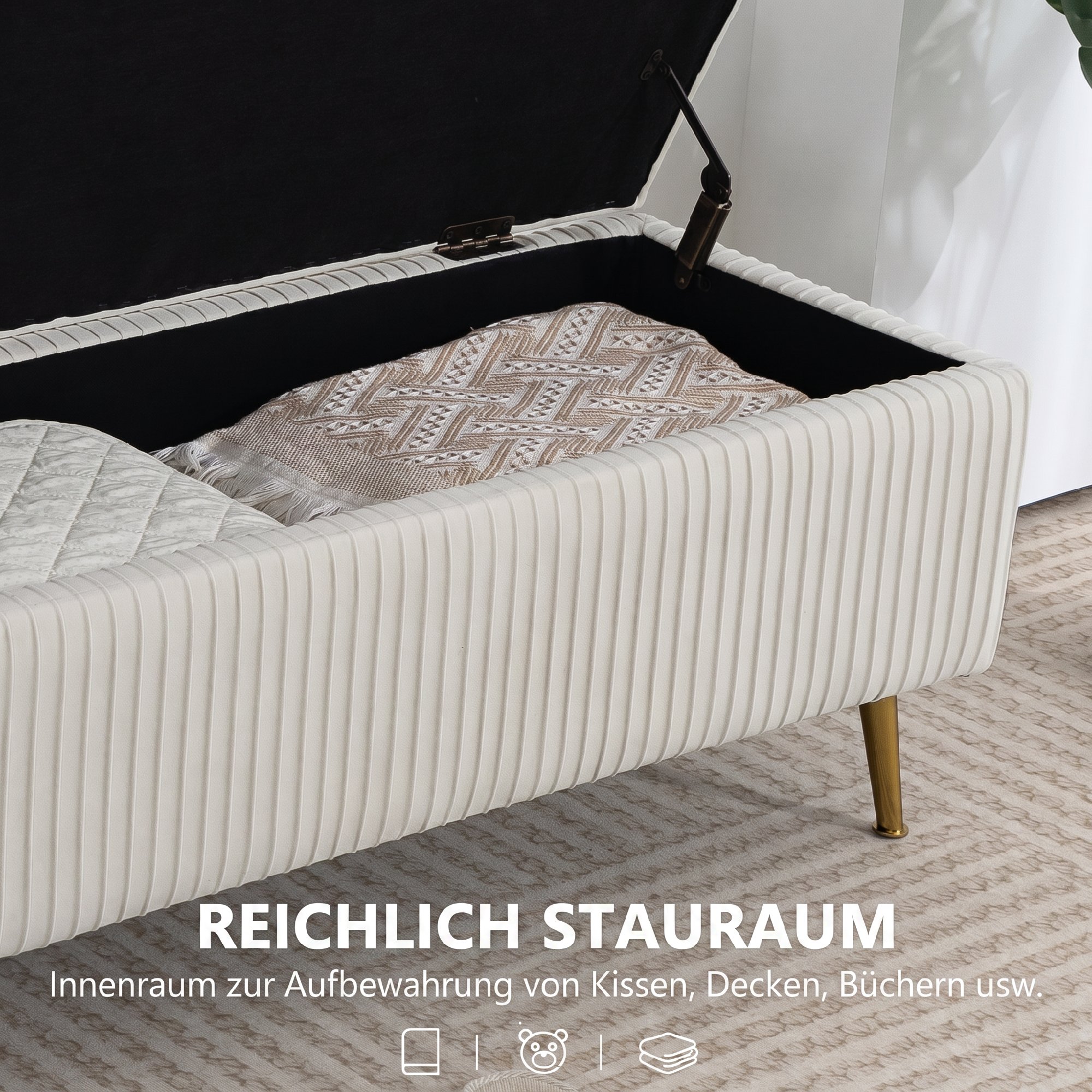 Sitzbank mit Stauraum, Polsterbank mit Samtoptik, Goldene Stahlbeine, Bettbank für Wohnzimmer