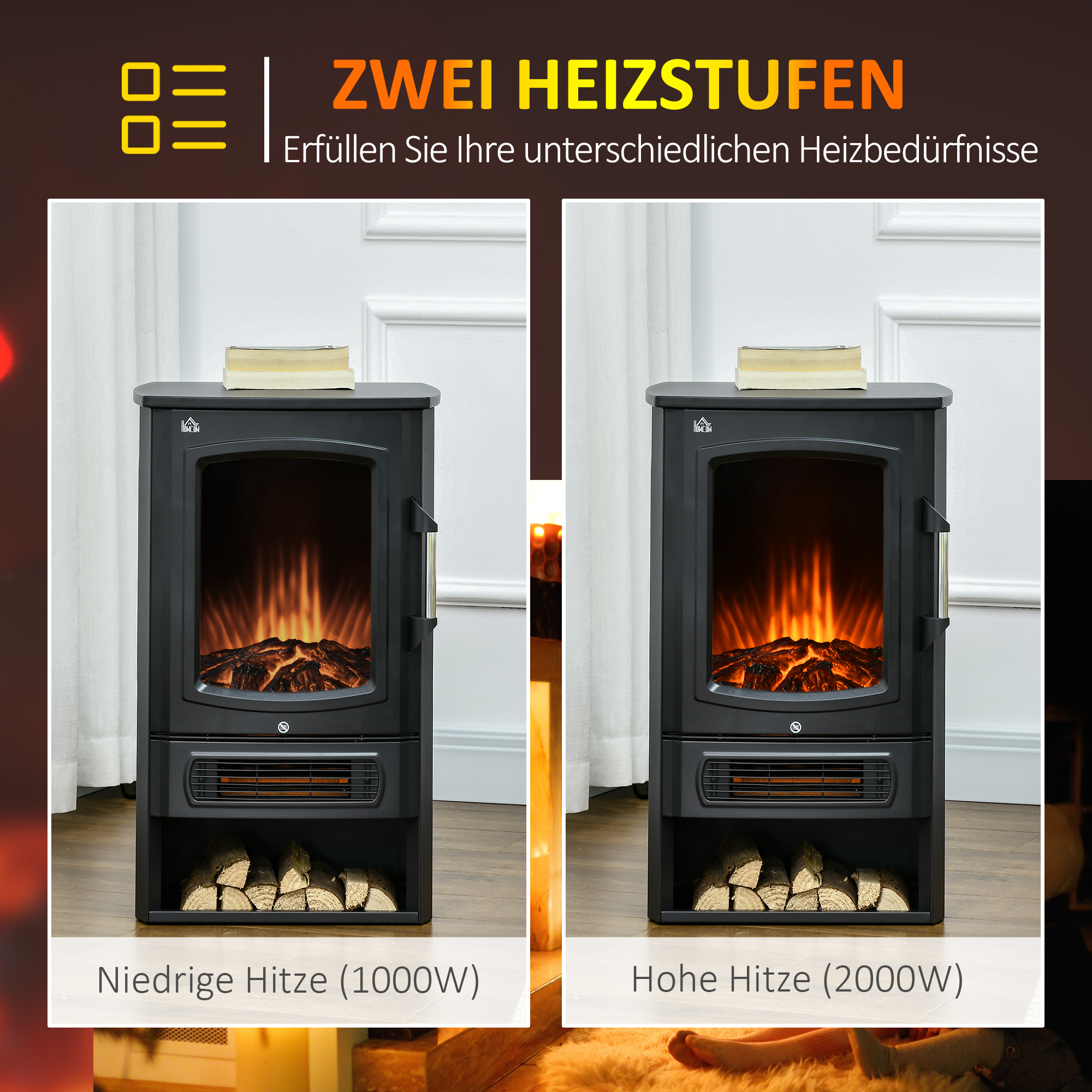 Elektrokamin, realistische Flammen, 2 Heizstufen, Überhitzungsschutz, Stahl, Schwarz, 44,5 x 32 x 74cm