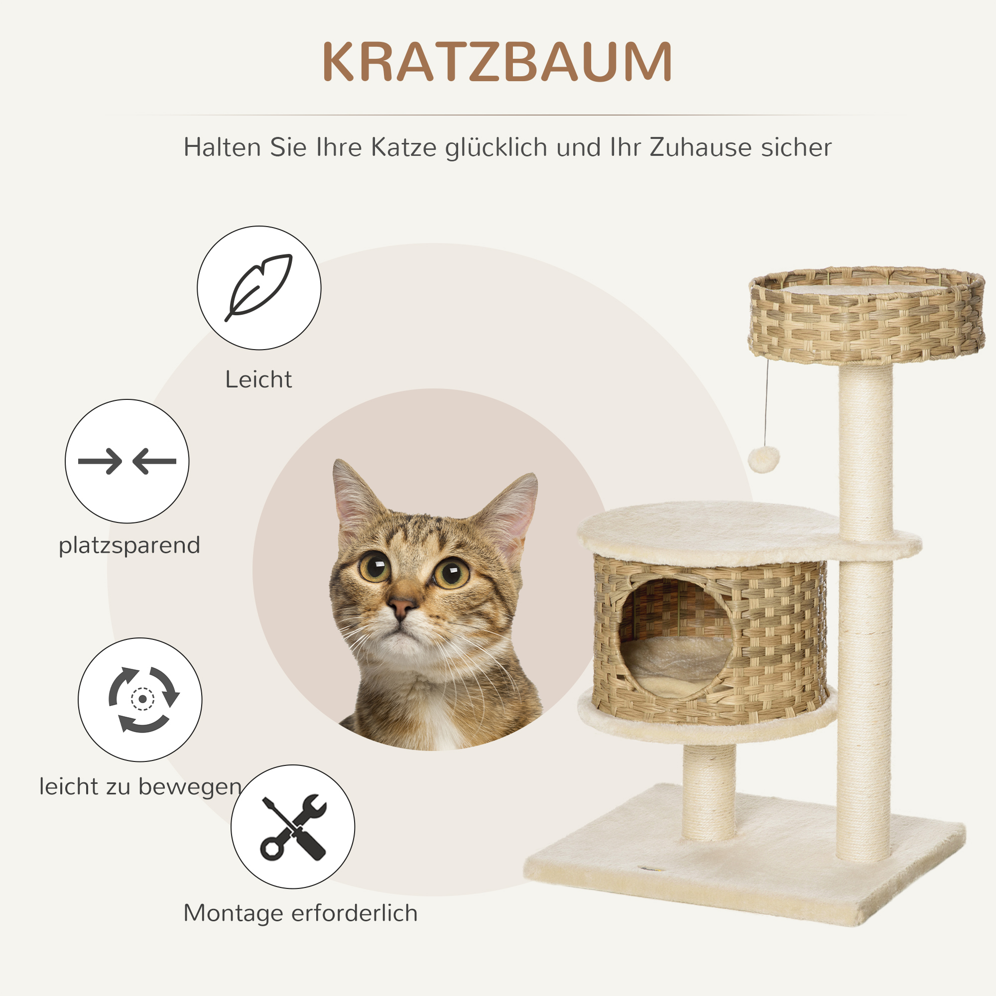 Kratzbaum Rattan 95 cm Höhe 3-Stufiger Katzenbaum mit Platform, Katzenbett, Kletterbaum mit Katzenhöhle Sisalstämmen Spielbälle Katzenmöbel Sisal Natur+Beige