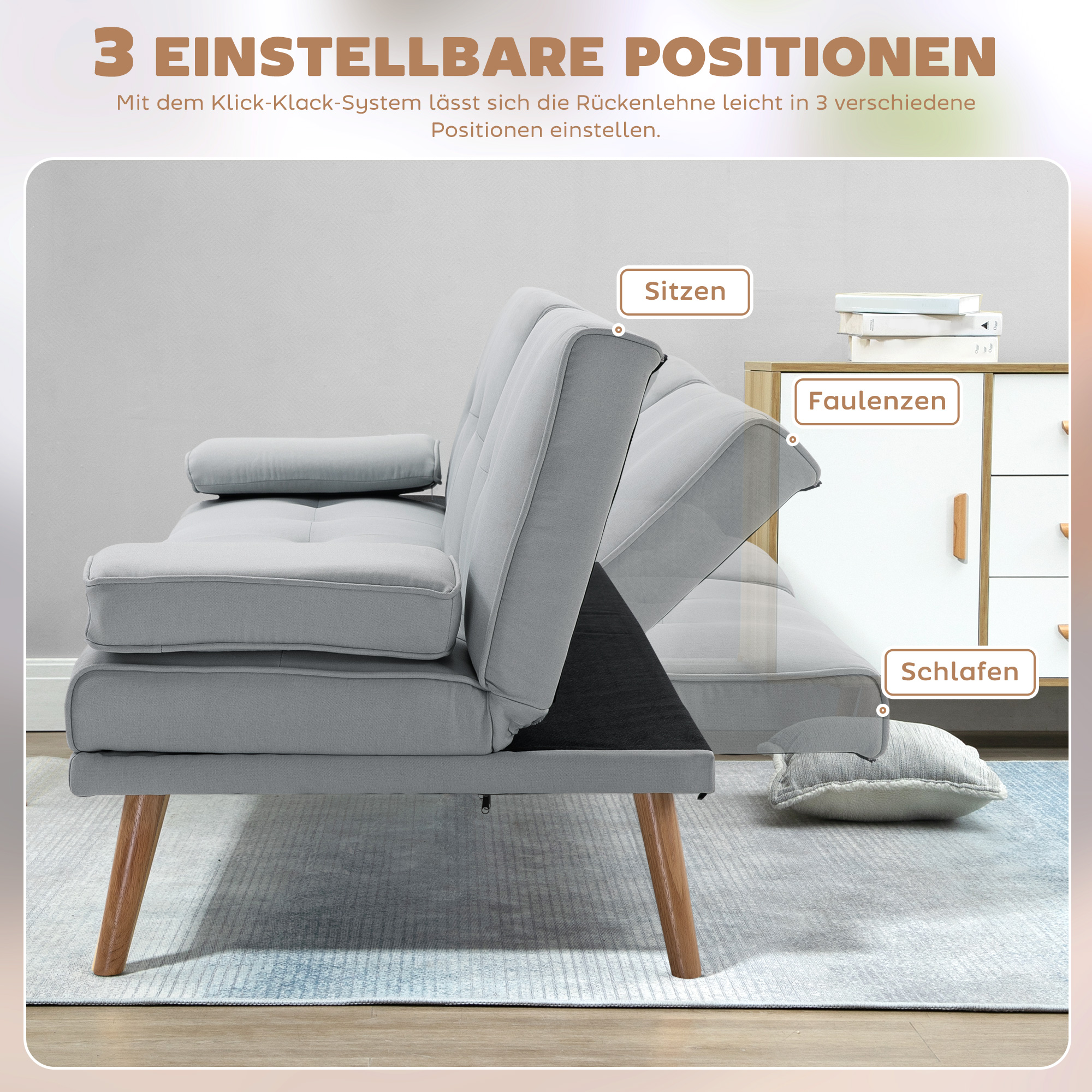 Schlafsofa, 3-Sitzer Sofa, Schlafcouch mit Klappbarem Tisch, Becherhalter, Bettsofa mit Leinenoptik, Couch Gästebet für Wohnzimmer, Hellgrau