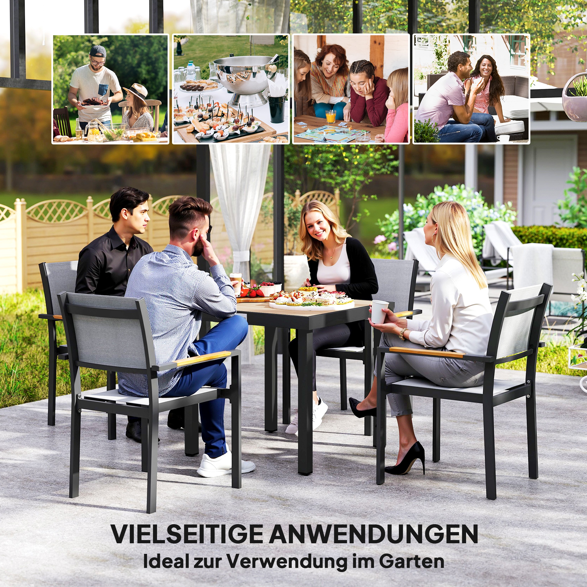 Gartentisch Kunststoff 78 x 78 x 74 cm Wetterfest Aluminiumrahmen, Buffettisch Campingtisch für 4 Personen Balkontisch Terrassentisch Outdoor Esstisch für Garten, Terrasse Balkon Schwarz