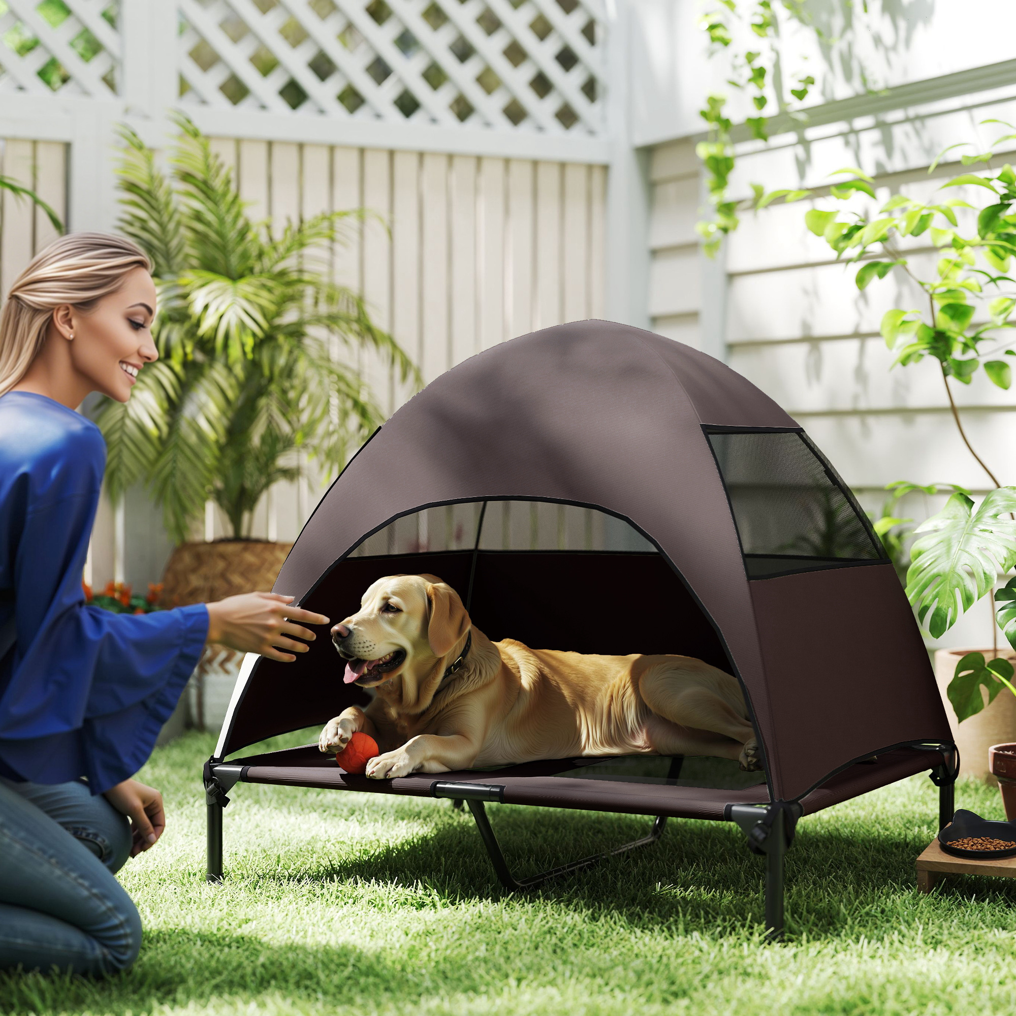 Hundeliege Outdoor mit Dach, erhöhtes Hundebett für Große Hunde, 91 x 76 x 90 cm, Kaffee