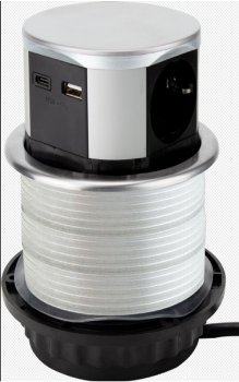 Schreibtisch-Einbausteckdose 3x +USB A+C, versenkbar, Edelstahl-Ausführung, rund