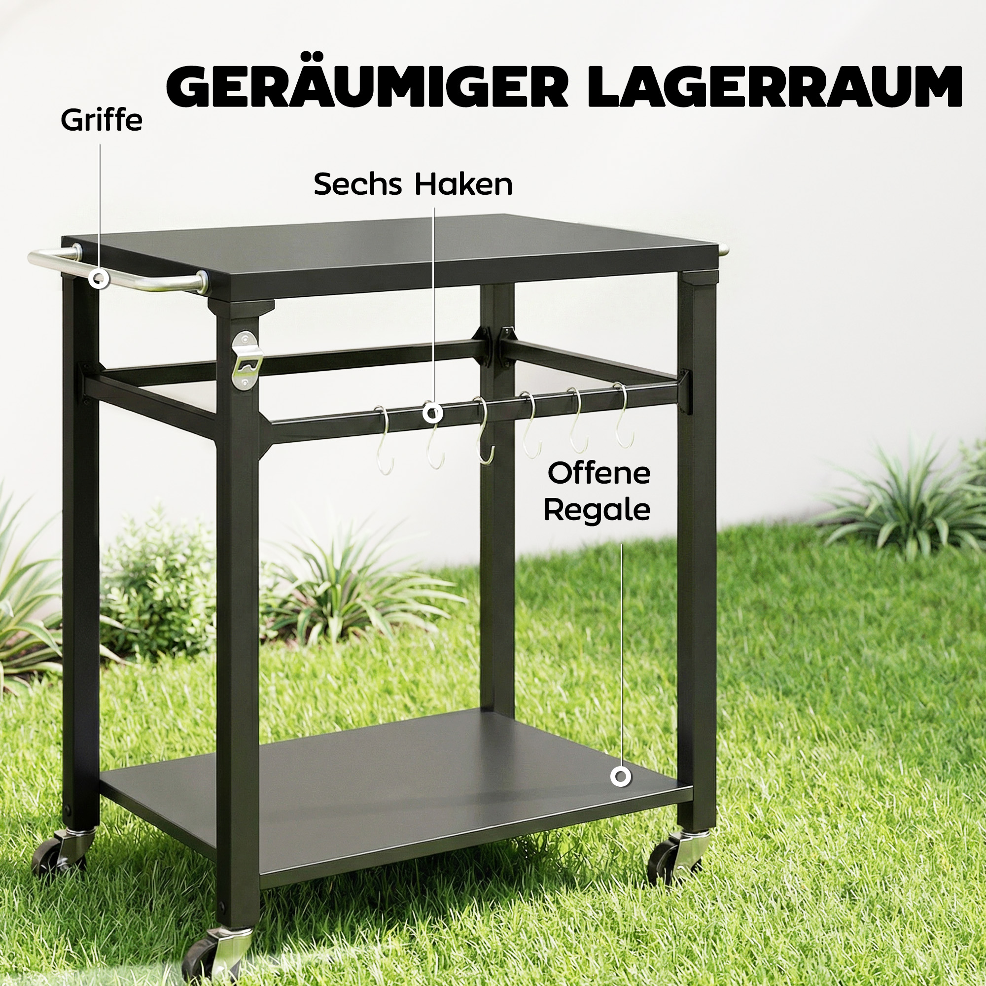 Outdoor-Grillwagen, Pizzaofen-Stand mit Metalloberfläche, 2-stufige rollende Küchenstation mit Haken und Griff, Schwarz