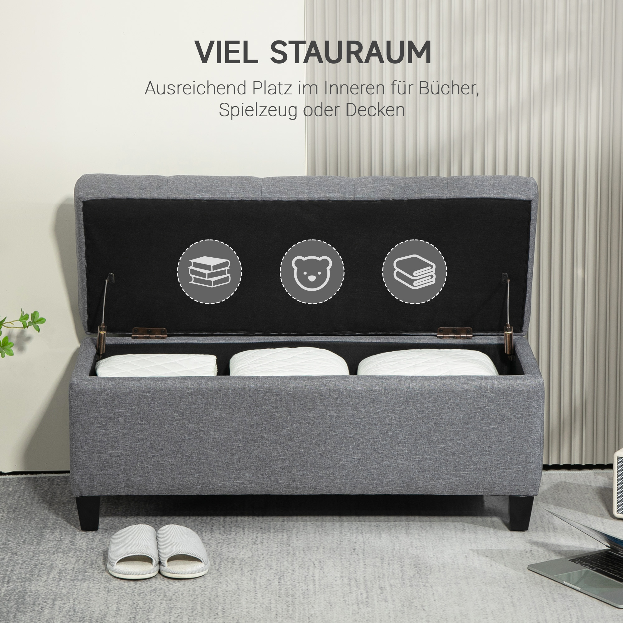 Sitzbank, Polsterbank mit Stauraum, leinenartiges Polyester, Kautschukholz, 100 x 40 x 44 cm, Hellgrau