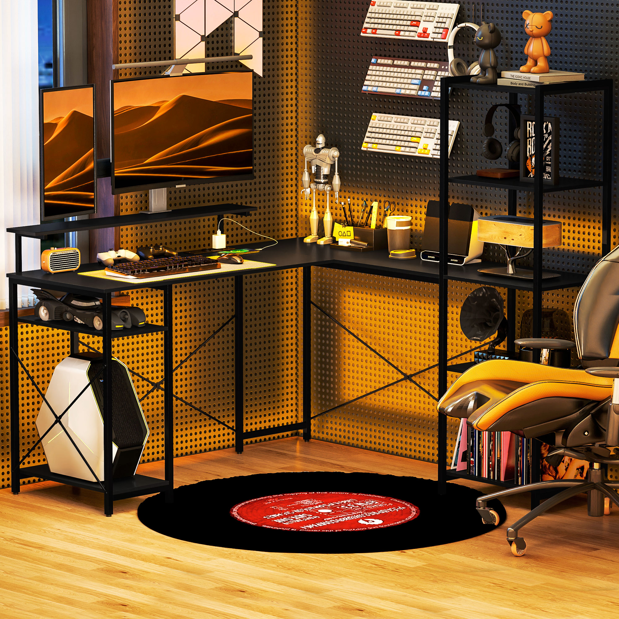 L-förmiger Schreibtisch mit Ladestation, Eck-Computertisch mit Monitorständer und Regalen, für Homeoffice, Büro, Schwarz