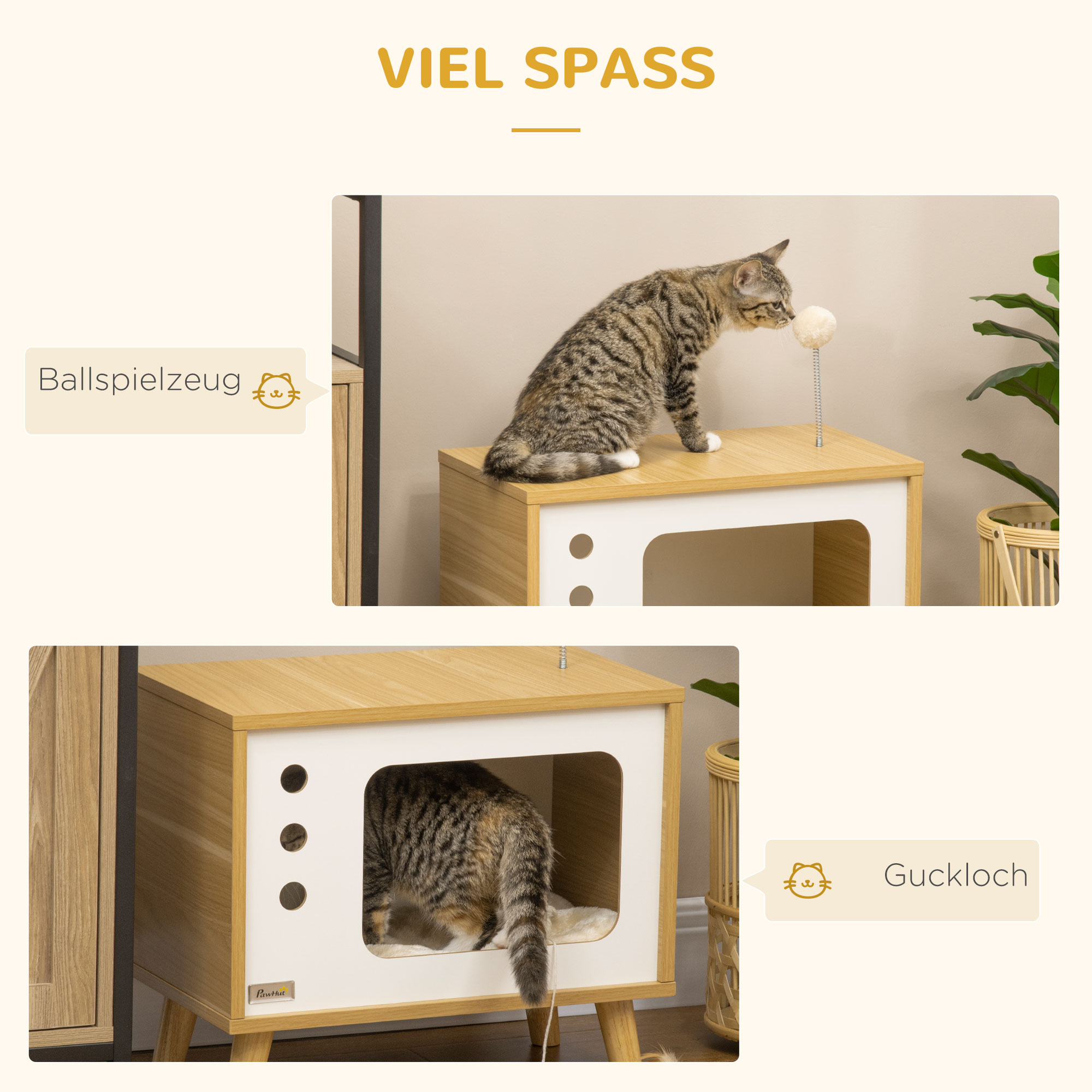 Katzenhöhle imTV-Design inkl. Spielzeug, waschbares Kissen, 50 cm x 28 cm x 43 cm, Eiche + Beige + Weiß