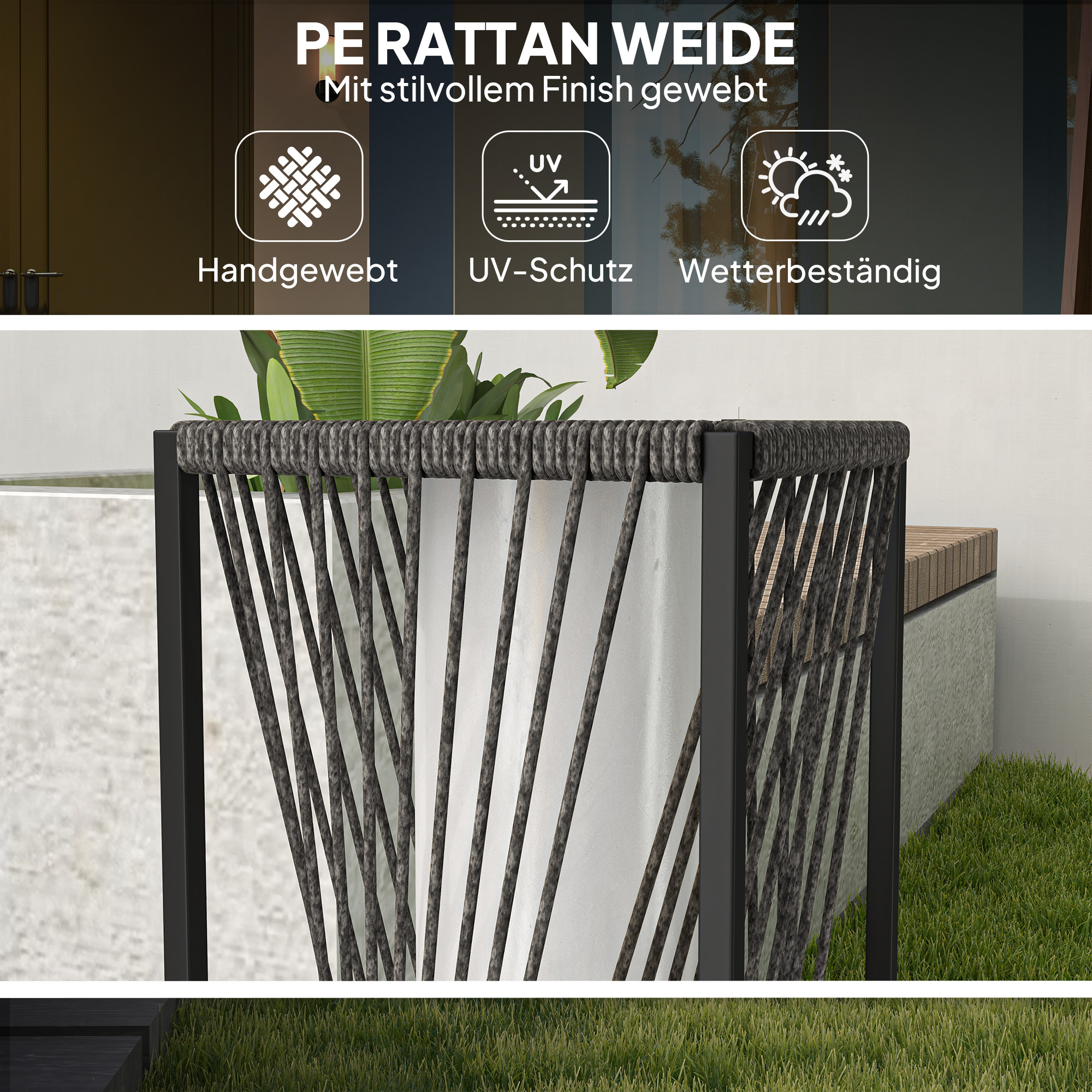 Solar Stehlampe Rattan mit Lichtsensor 25 LED Solarlampen im Boho-Stil IP44 Spritzwassergeschützt Schwarz+Grau