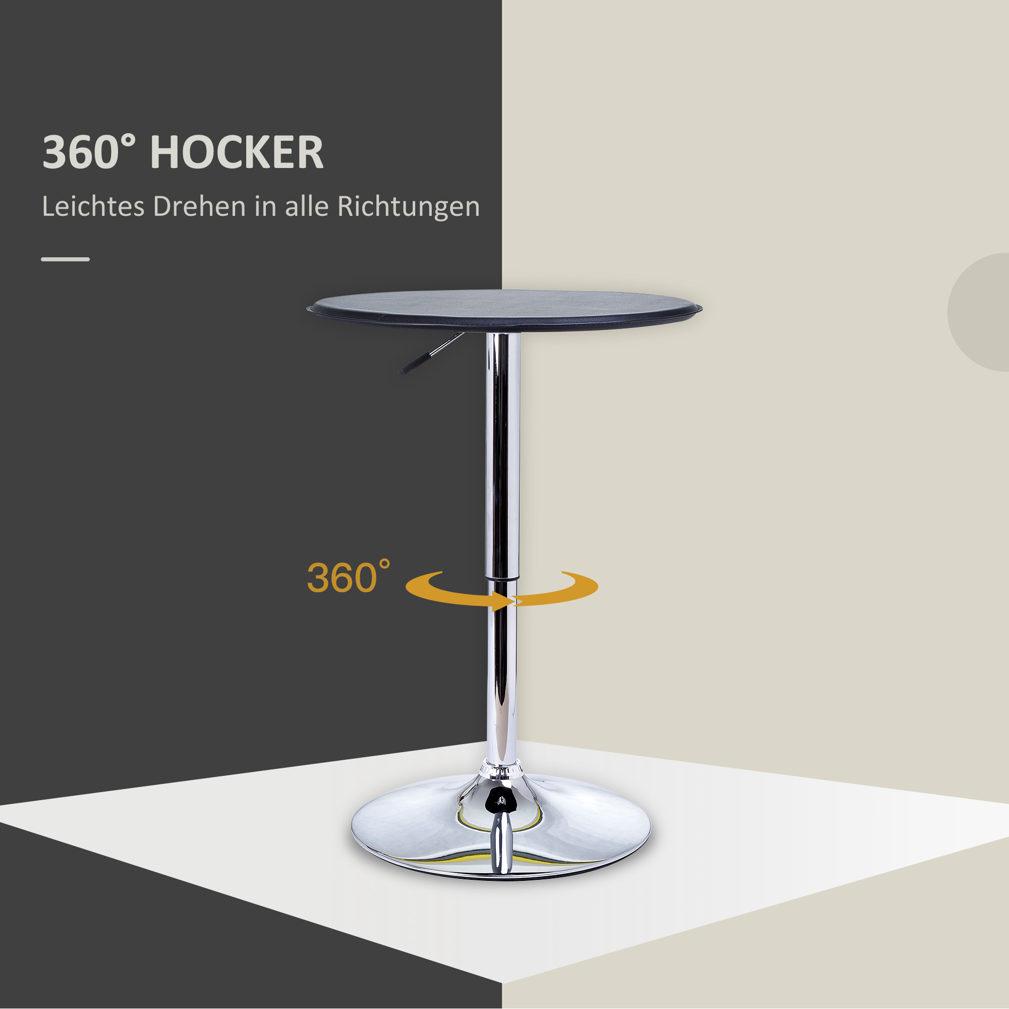 Bartisch, höhenverstellbar, Kunstlederbezug, Vintage-Design, Schwarz + Silber