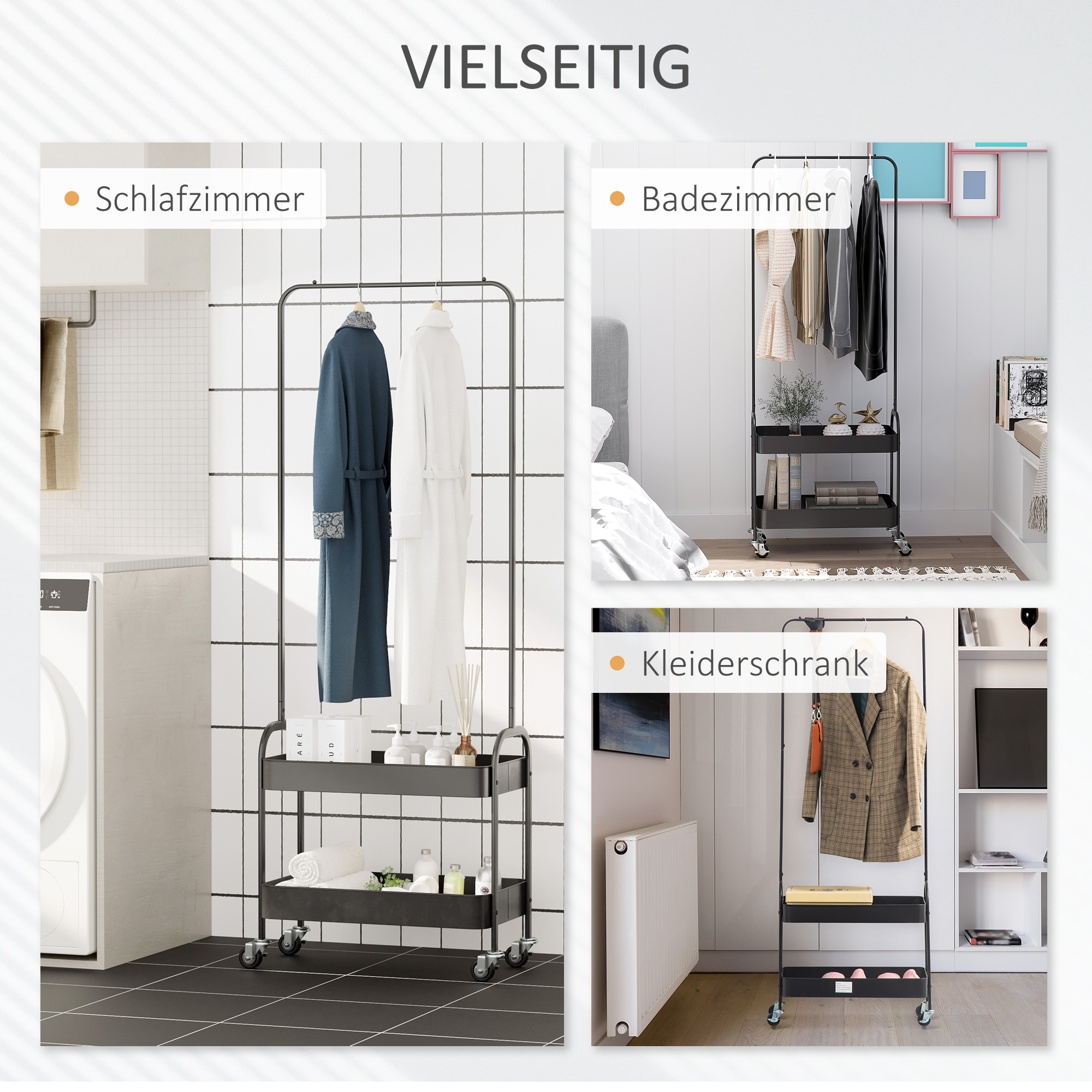 Kleiderständer aus Metall mit Schuhablage, fahrbar, freistehend, Schwarz
