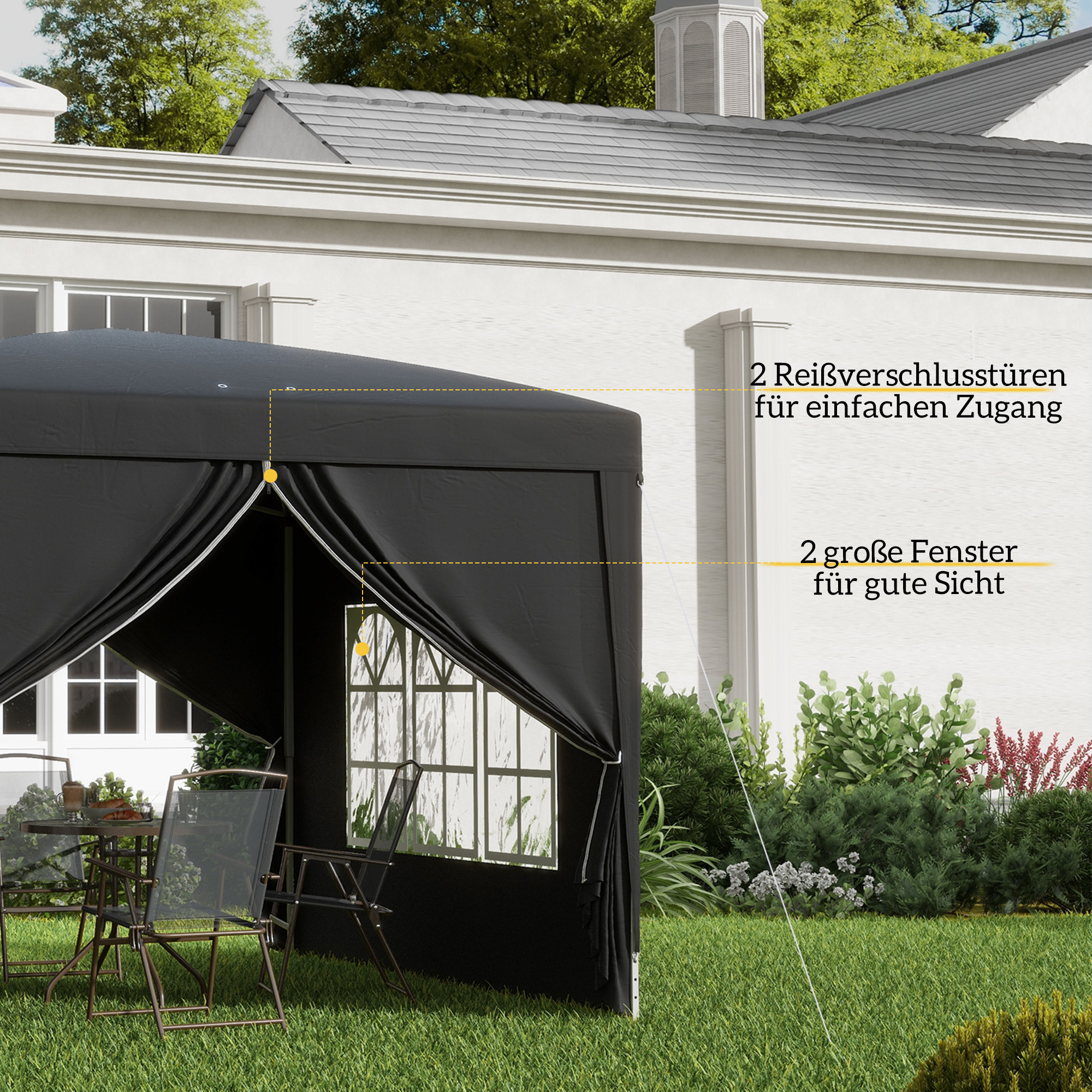 3 x 3 m Pavillon mit 4 Seitenwänden, Fenster, Festzelt mit UV-Schutz, Gartenzelt inkl, Tragetasche, Stahl, Schwarz