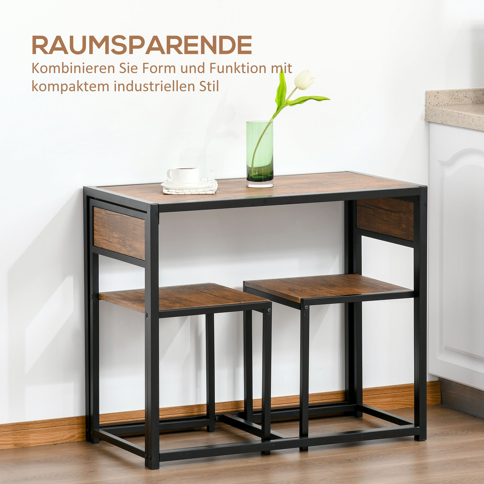 3-teiliges Bartisch-Set Hochtisch-Set 3-teilig, 2 Stühle, 1 Tisch, 90 cm x 47 cm x 76  cm, Braun + Schwarz