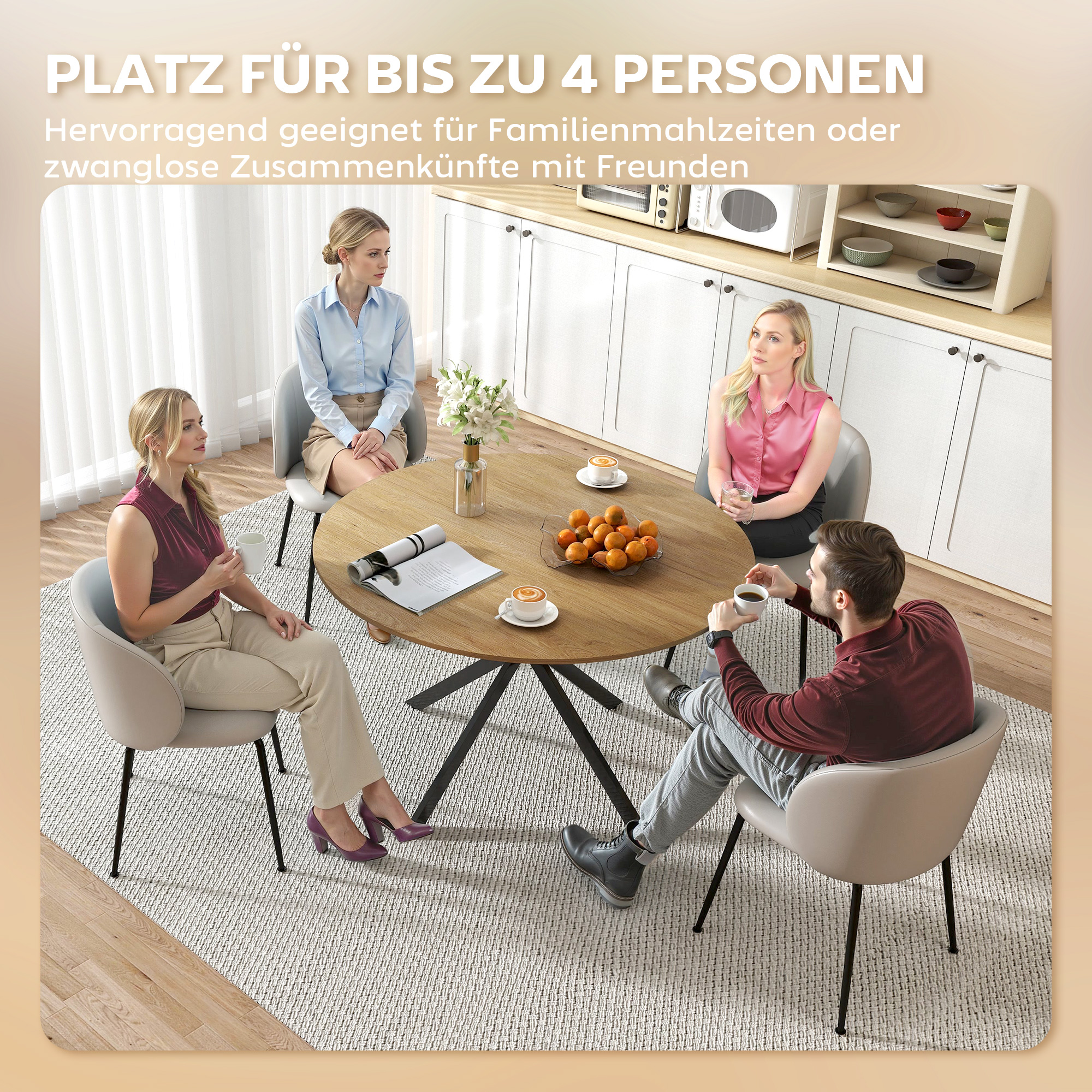 runder Esstisch für 4 Personen, Küchentisch im Industriestil mit Stahlbeinen, für Esszimmer, Küche, Eiche