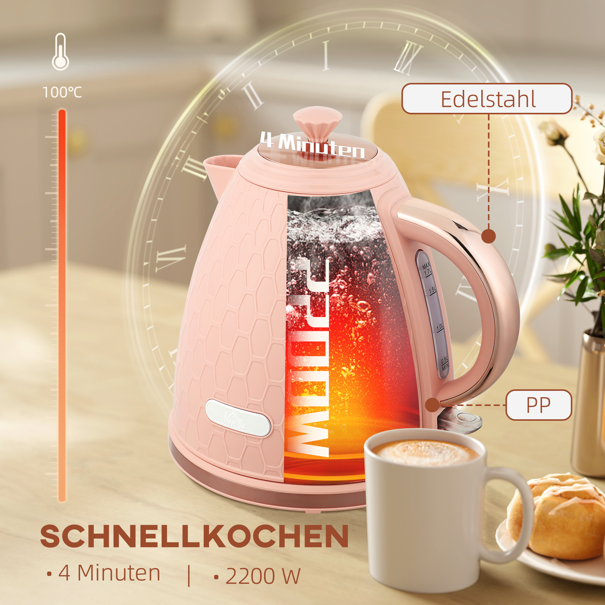 Wasserkocher, 2200W, Sichtfenster, Filter, Schnellkocher, Hellrosa