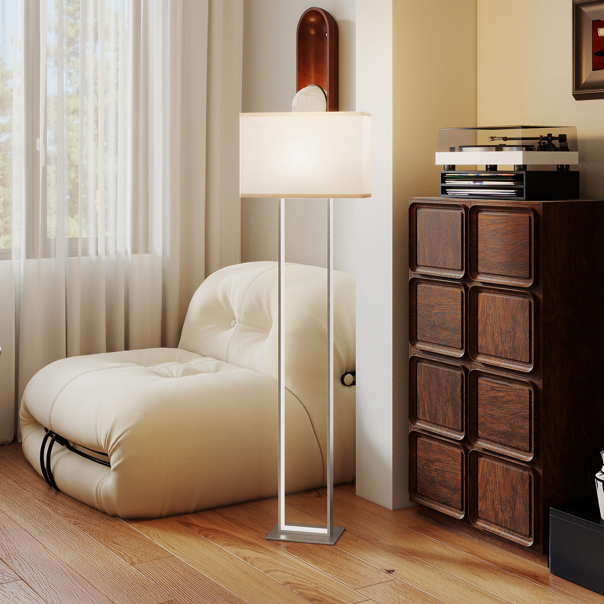 Moderne Stehlampe, 3 Modi, Fußschalter, verstellbare Helligkeit, Leinenoptik, Weiß