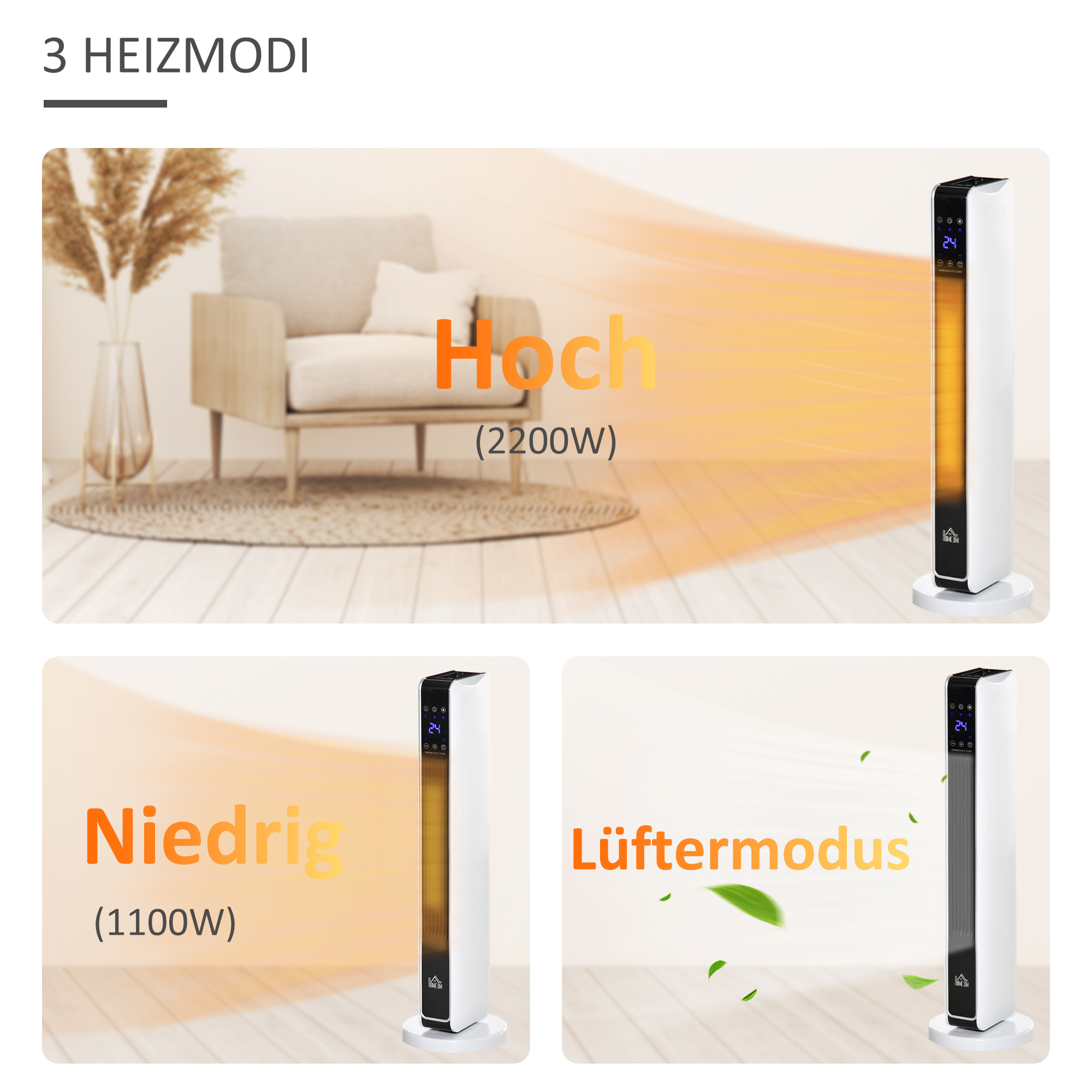 Heizgerät Heizlüfter 2200W Elektroheizer Keramik Heizturm mit Fernbedienung 8-Stunden-Timer Oszillation Heizer Heizung ABS PA Weiß+Schwarz 21 x 21 x 73 cm