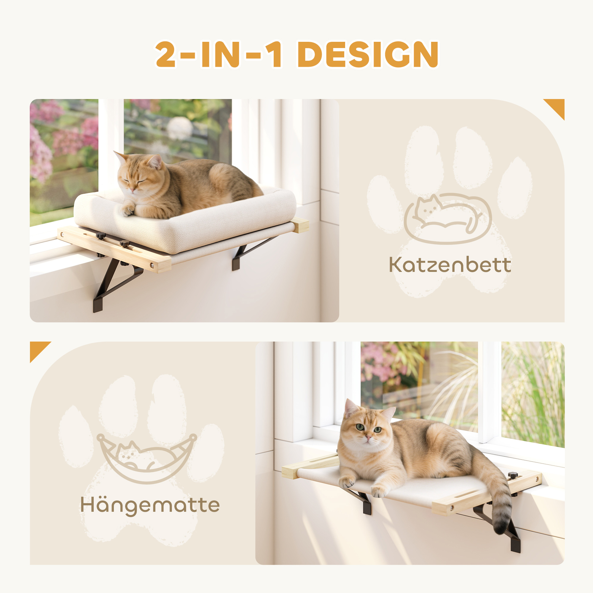 Katzenhaus mit Halterung für Fensterbänke und Heizungen, Kissen, Holzrahmen, Weiß