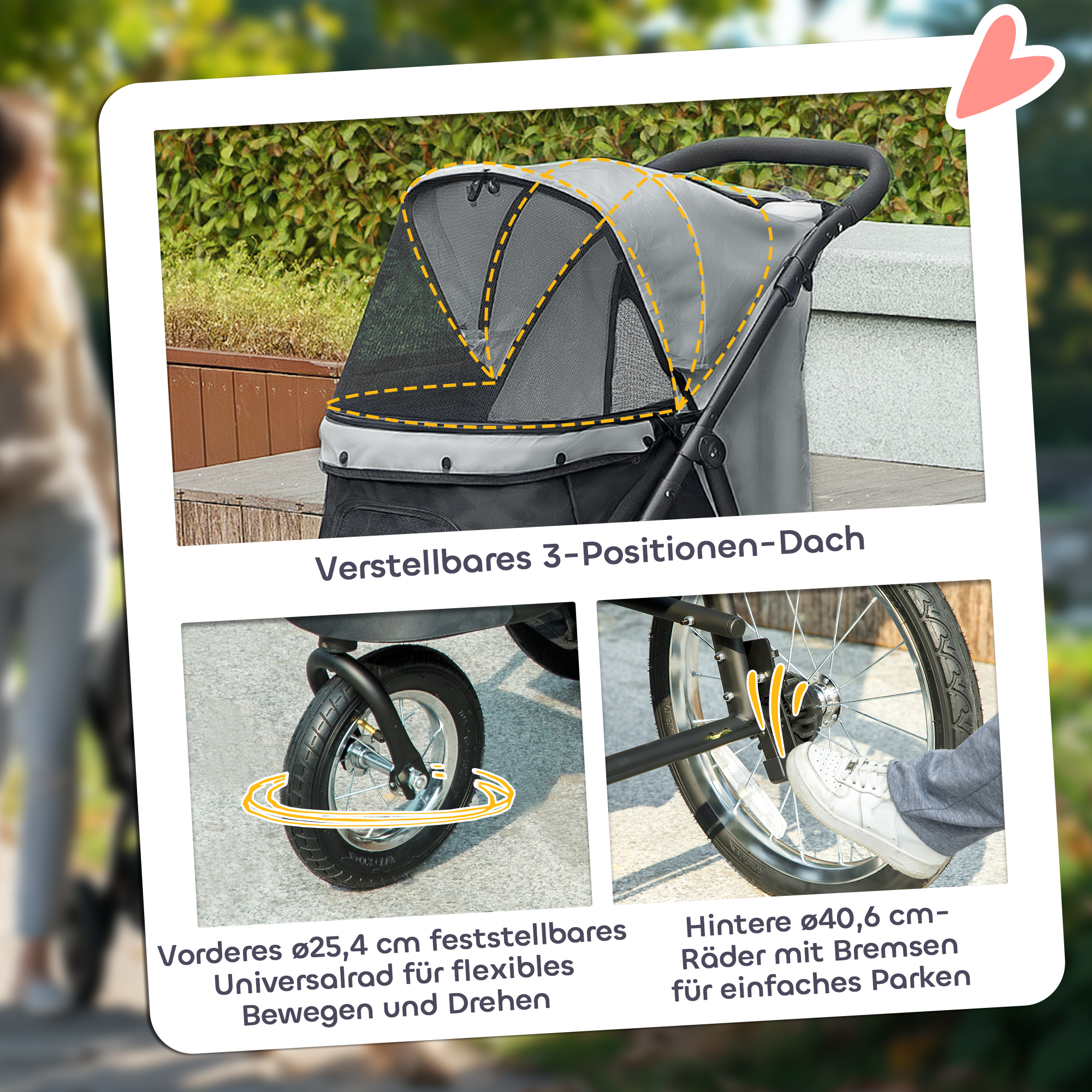 Hundebuggy, Haustierwagen für kleine Hunde und Katzen, mit Aufbewahrungskorb, Ein-Klick-Faltdesign, Grau