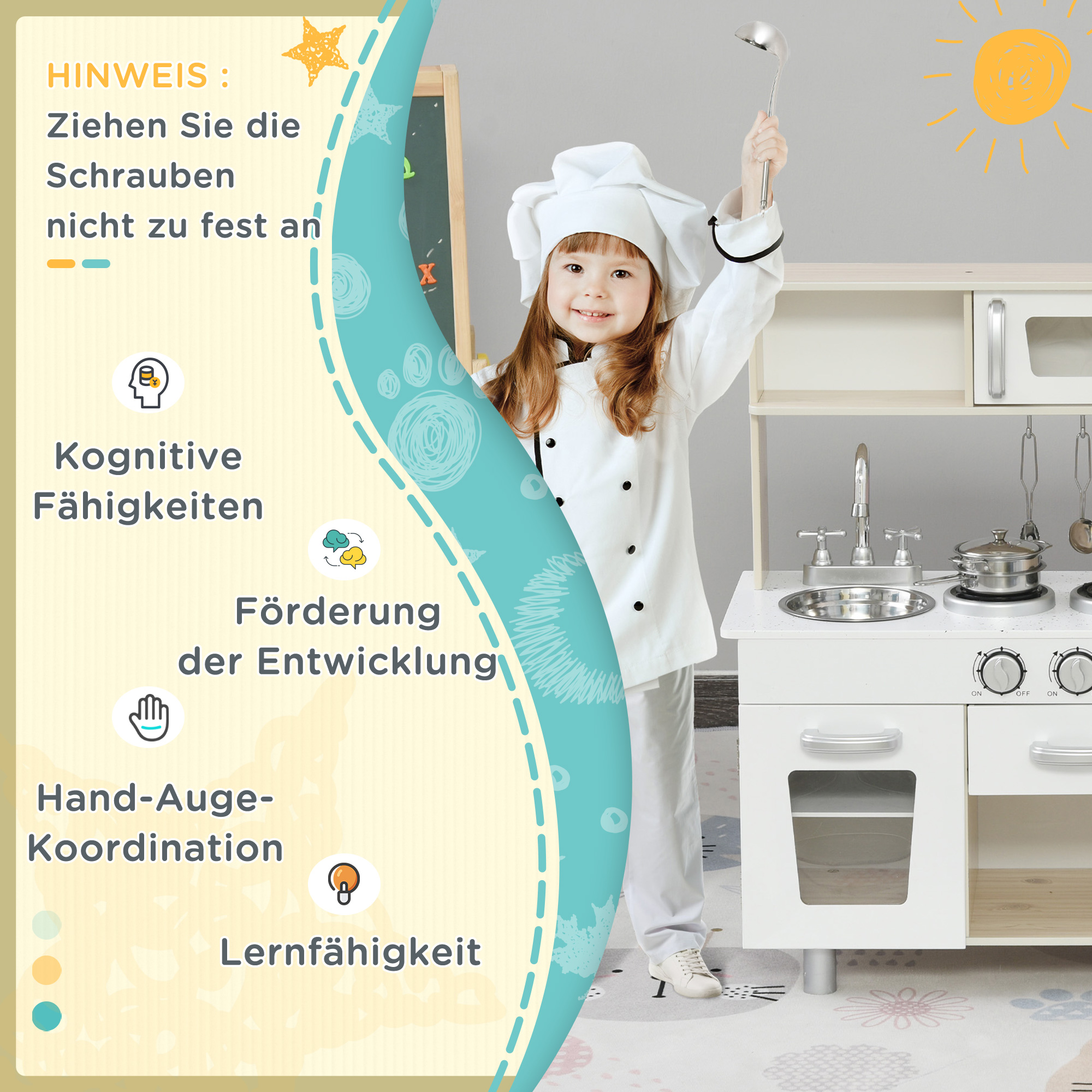 Kinderküche mit Zubehör, Traumküche, Spielküche, Spielzeugküche für Kinder ab 3 Jahren, Kiefer, MDF, Weiß, 74 x 30 x 81 cm