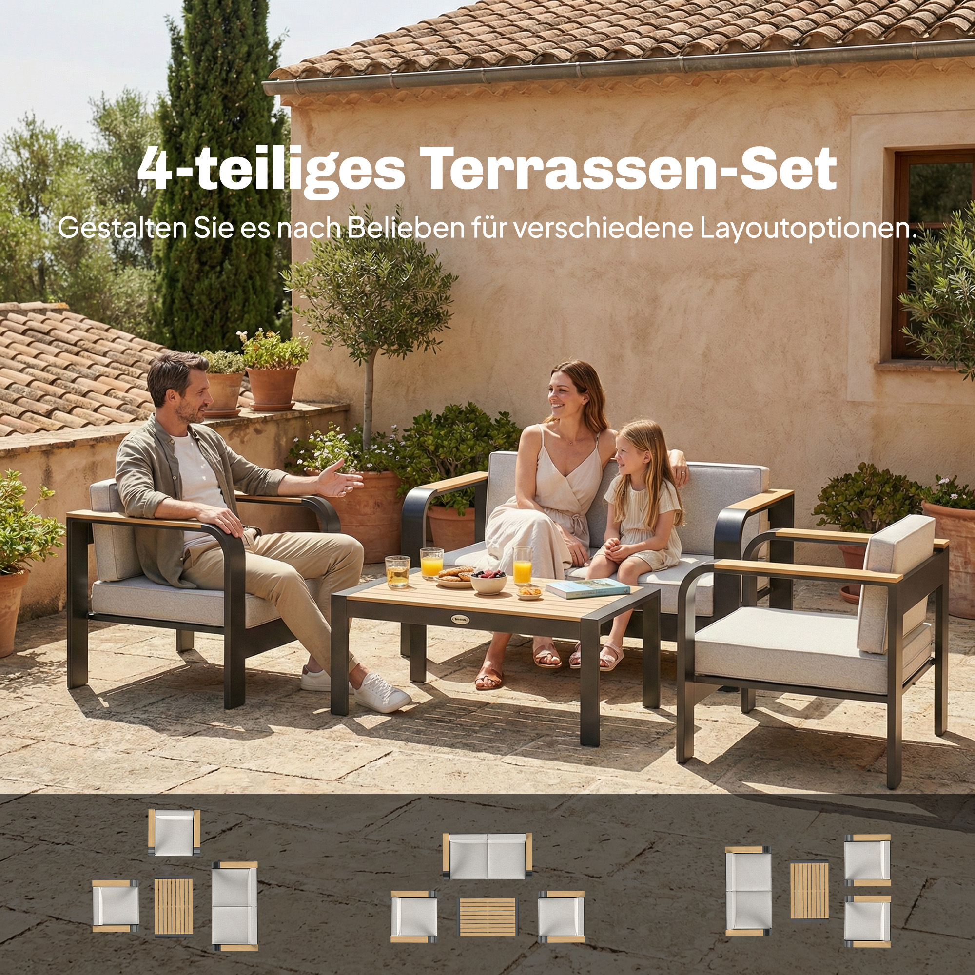 Gartenmöbel Set Aluminium Sitzgruppe für 4 Personen Wasserabweisend extra tiefe mit 2er Sofa 2 Sessel Beistelltisch
