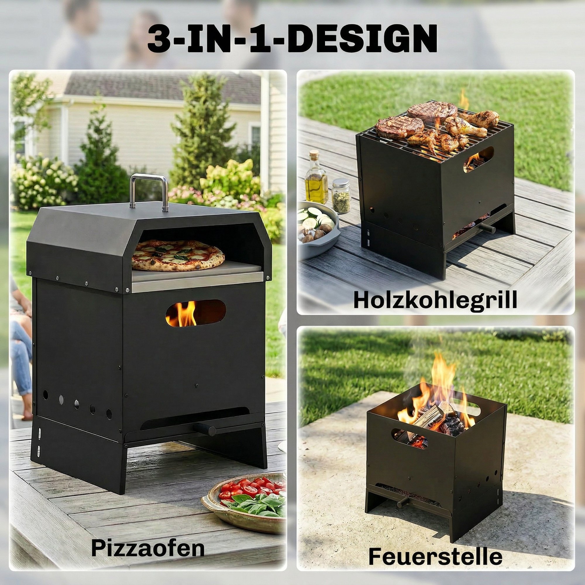 3-in-1 Outdoor-Pizzaofen, holzbefeuert Pizza Ofen, 2 Ebenen, Backofen mit Pizzastein, Pizzaschaufel