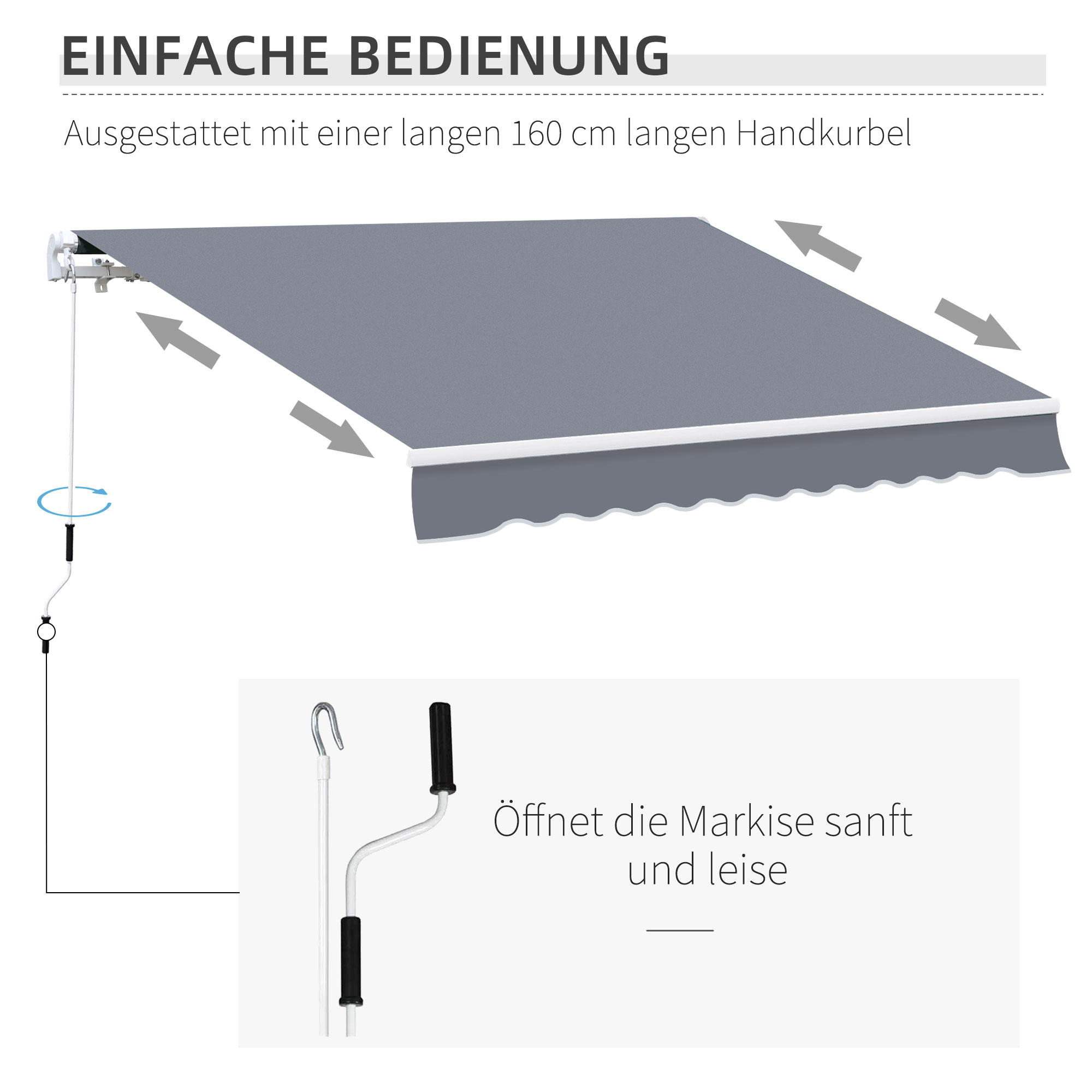 Gelenkarmmarkise Verstellbare Klemmmarkise Terrassenmarkise 3,95 x 3m Sonnenschutz mit Kurbel, Balkonmarkise, Grau