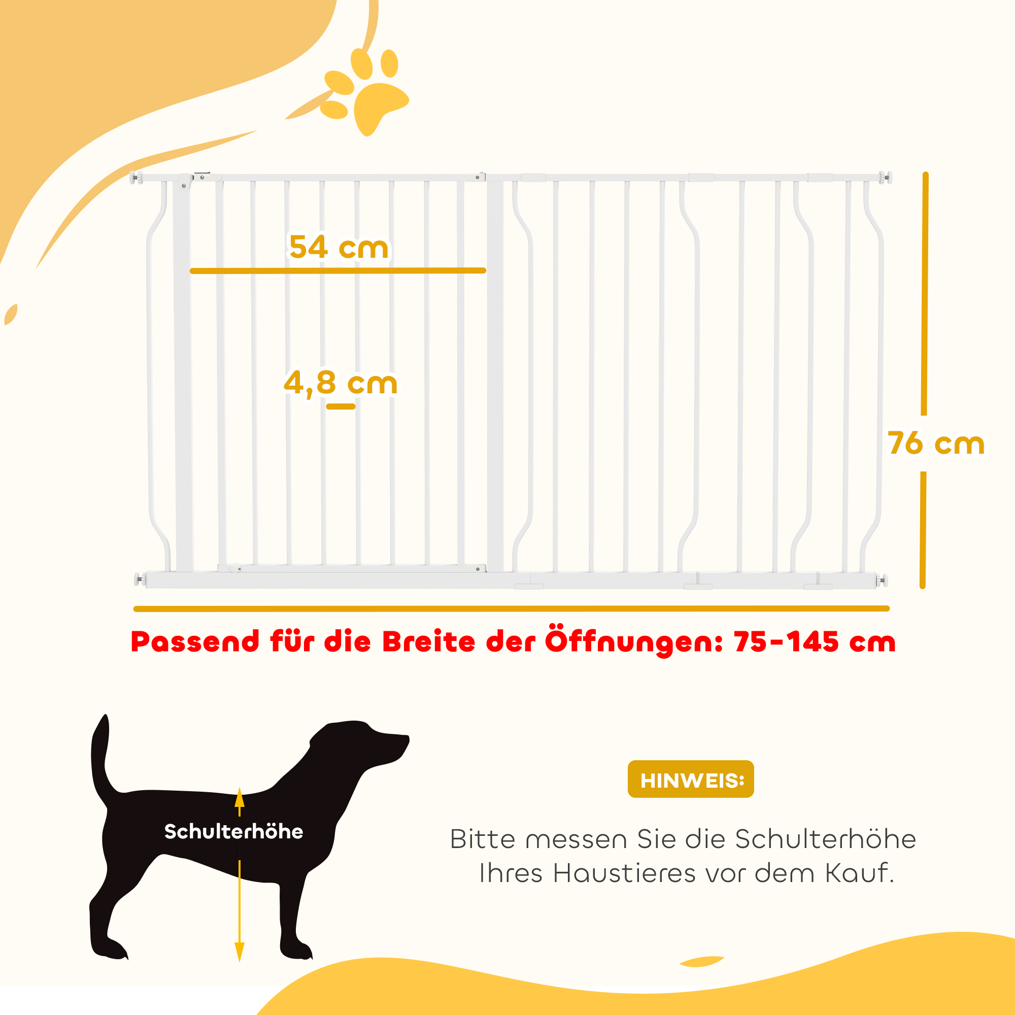 Hunde-Türabsperrung, längenverstellbar 75-145cm, Montage ohne Bohren, Stahlrahmen, Weiß