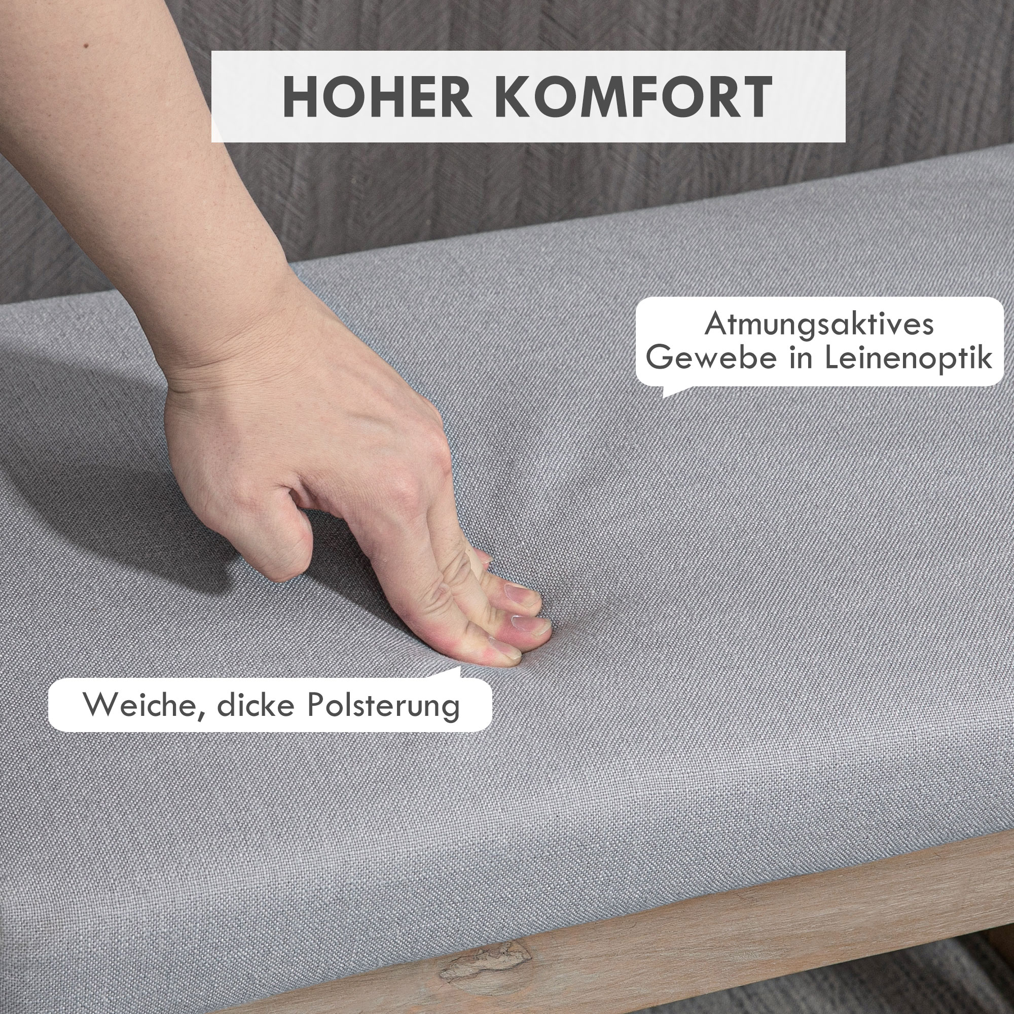 Fußbank im Skandi-Design, Sitzhocker, Fußhocker, 68 cm x 38 cm x 42 cm, Grau + Natur