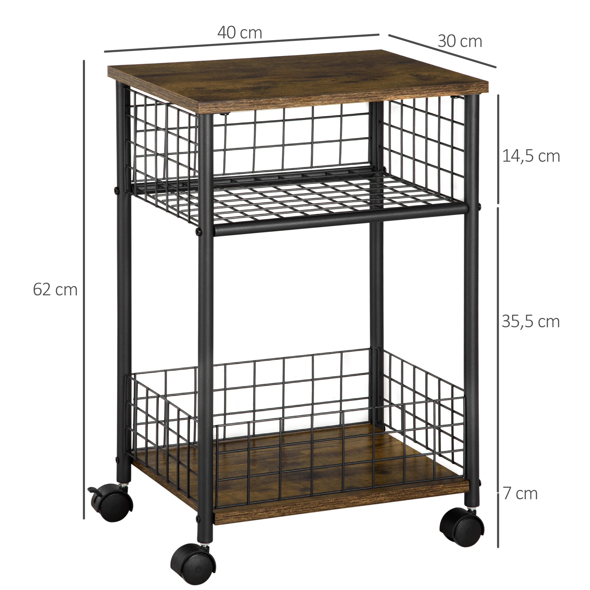 Küchenwagen im Industriedesign 1 Regal 1 Aufbewahrungskorb 4 Räder 40 cm x 30 cm x 62 cm Stahl Schwarz + Braun