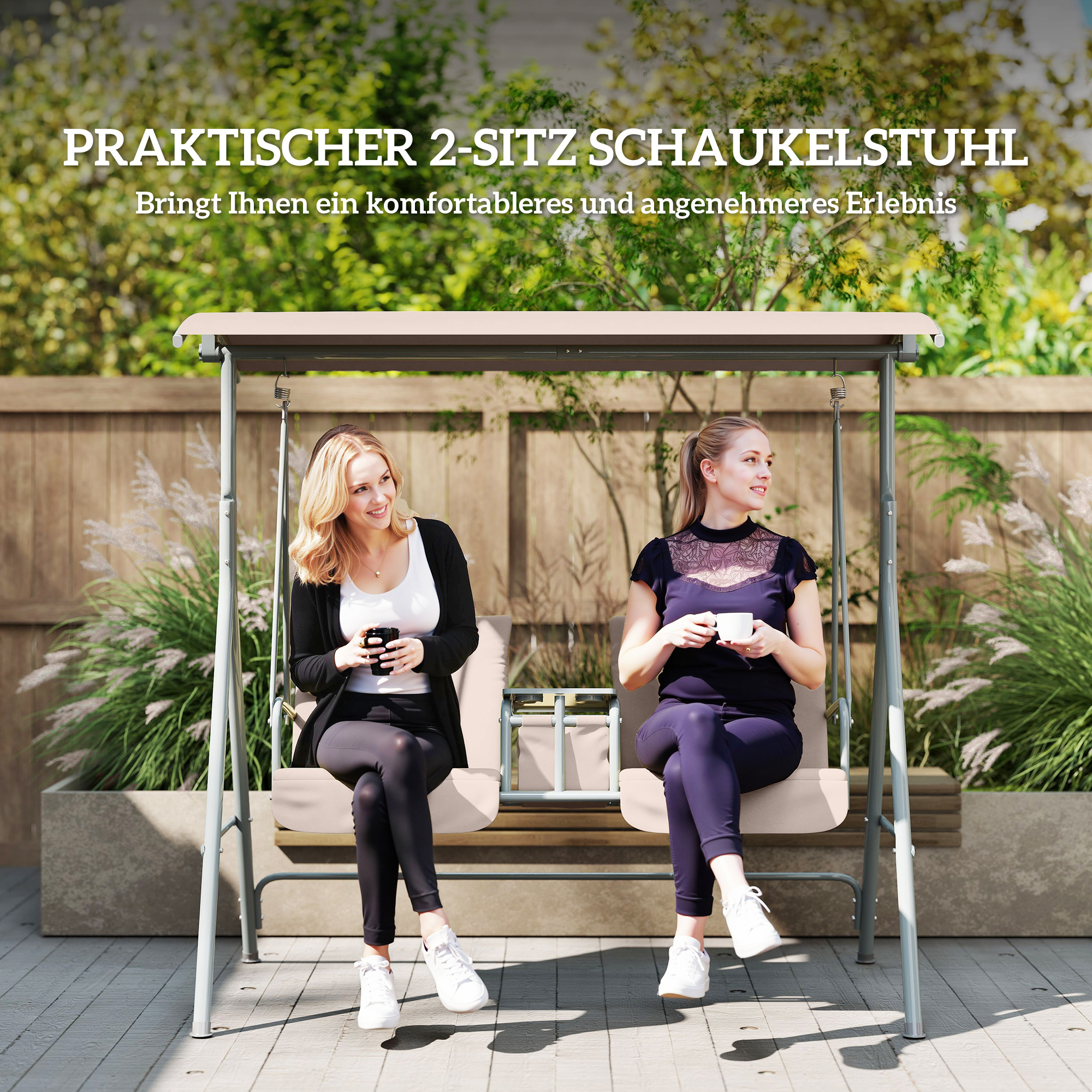 Hollywoodschaukel, Gartenschaukel, 2-Sitzer-Schaukel mit Sonnendach, 175 x 112 x 158 cm, Beige