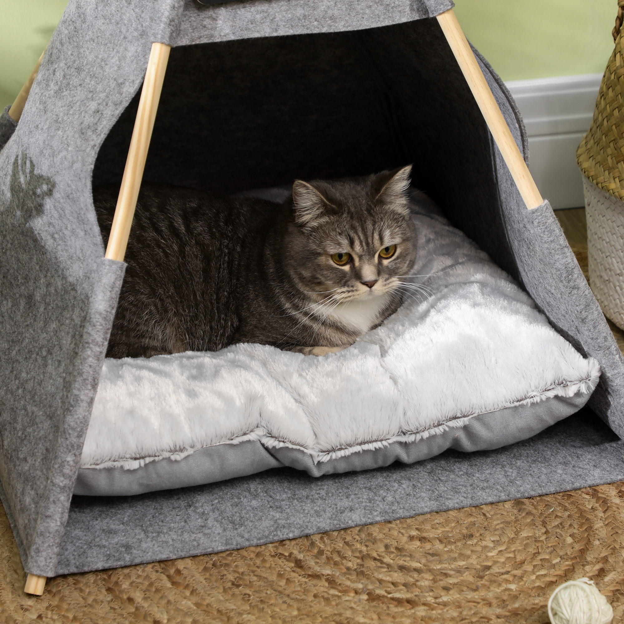 Haustierzelt Katzenhaus Hundezelt Katzenbett Katzenzelt mit weichem Kissen Plüsch Filz maschinenwaschbar Grau 58 x 58 x 80 cm