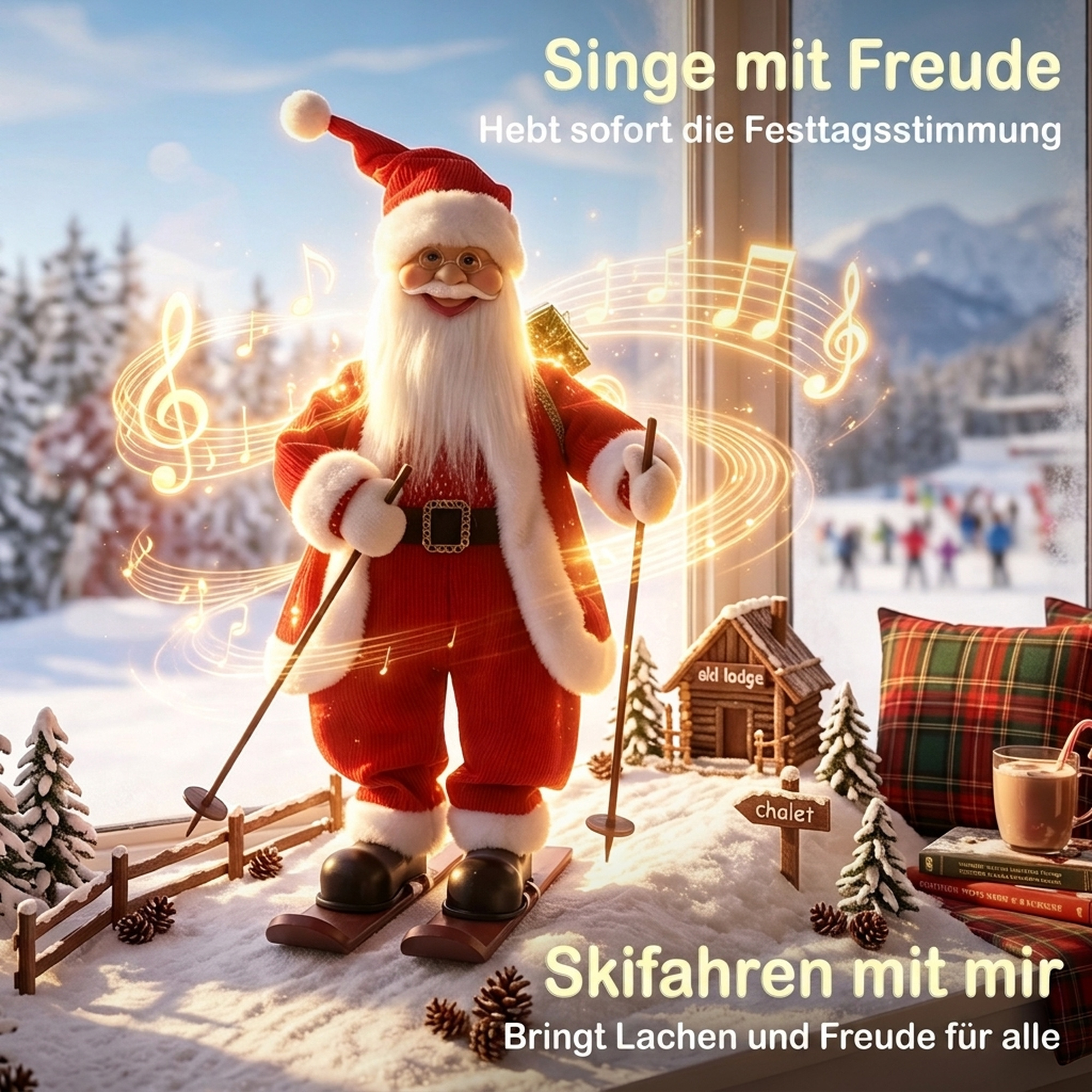 Singender Ski-Weihnachtsmann, 66 cm, animierte stehende Weihnachtsfigur mit Skiern, Geschenkesack und Geräusch-/Berührungsaktivierung